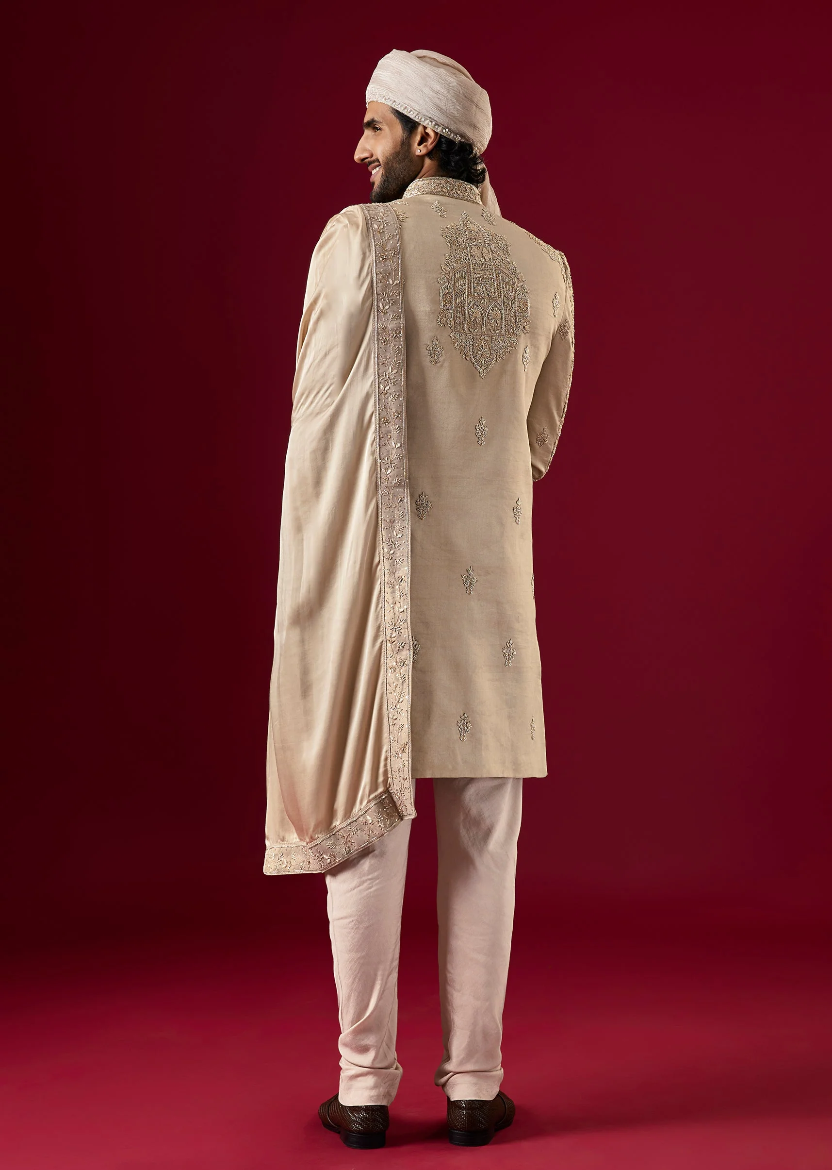 Brown Silk Tissue Sherwani Set With Zardosi Work - Image 6