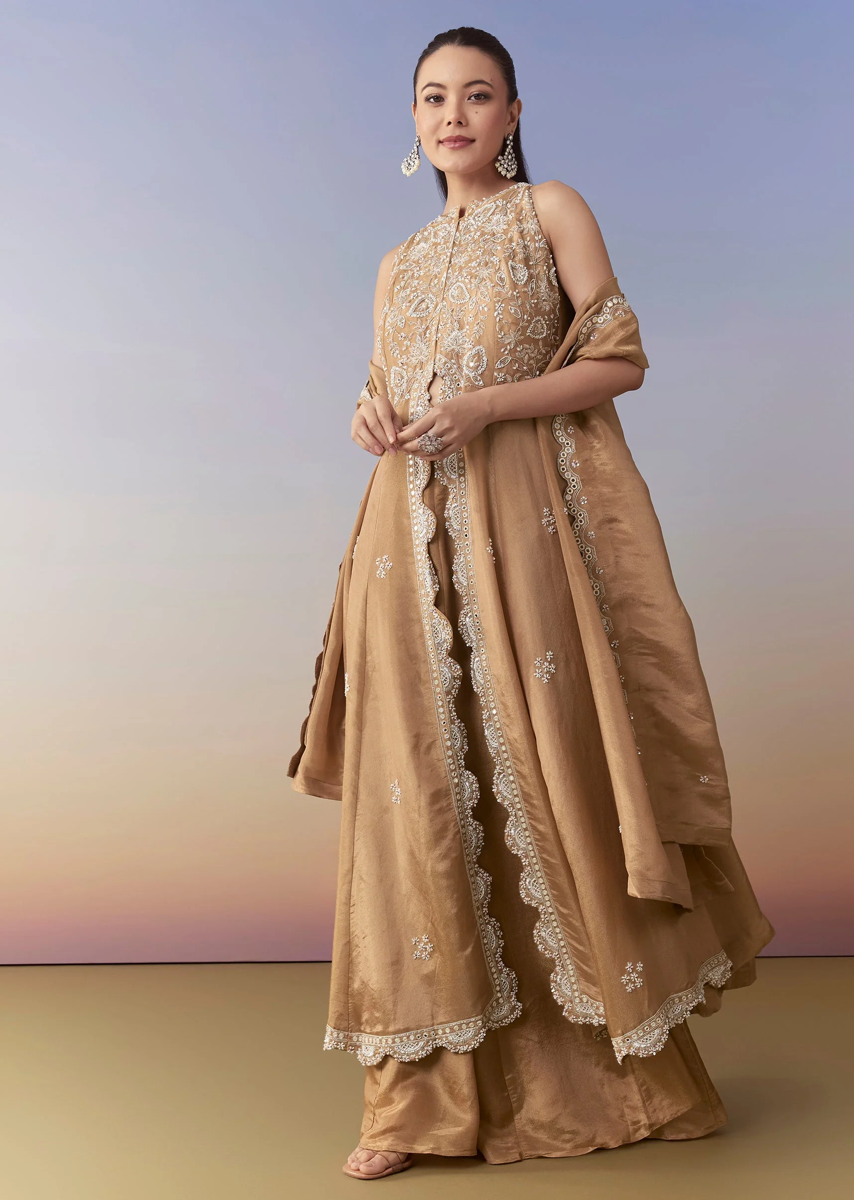 Brown Slit Anarkali Set with Cutdana Work - Image 3