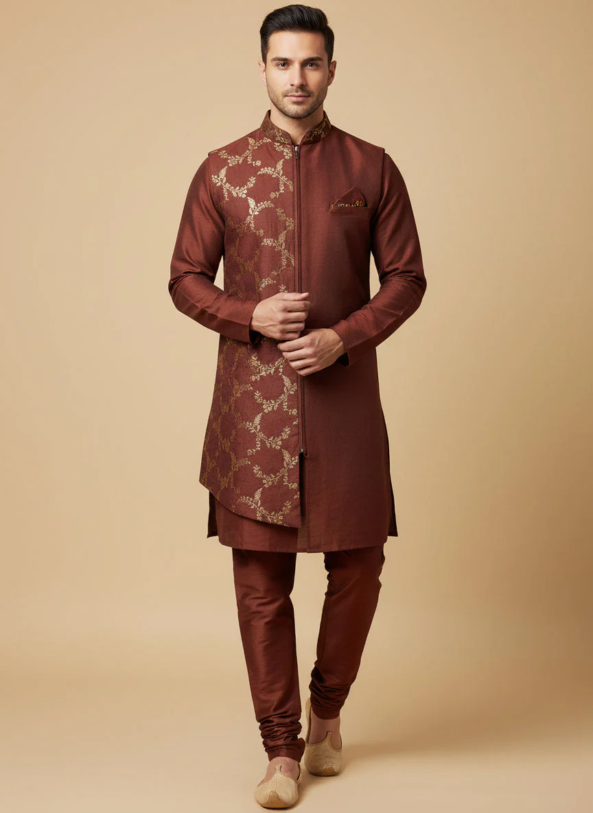 Brown Textured Jacket Kurta Set - Image 2