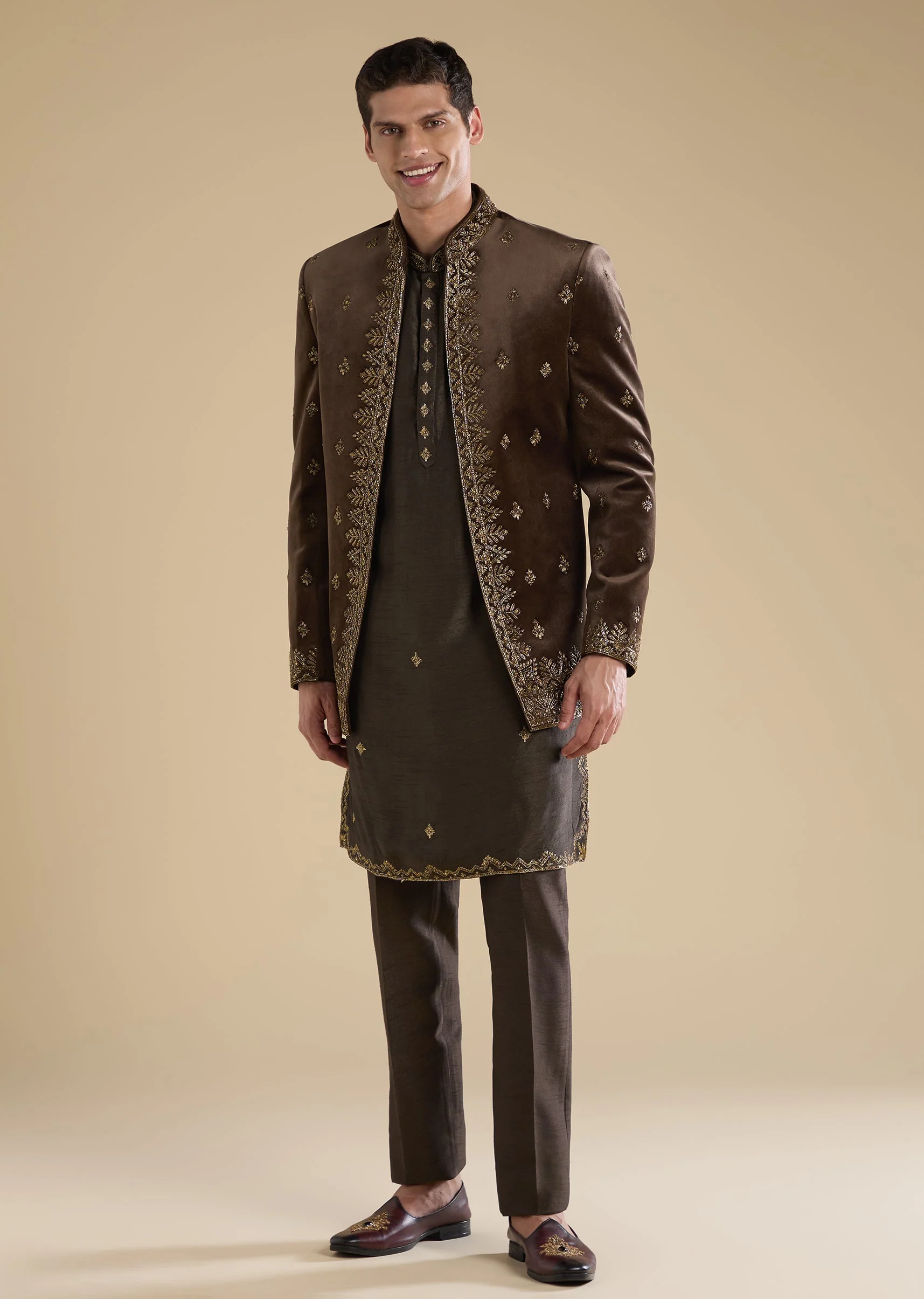 Brown Velvet Embellished Jodhpuri Set With Kurta And Pants - Image 3