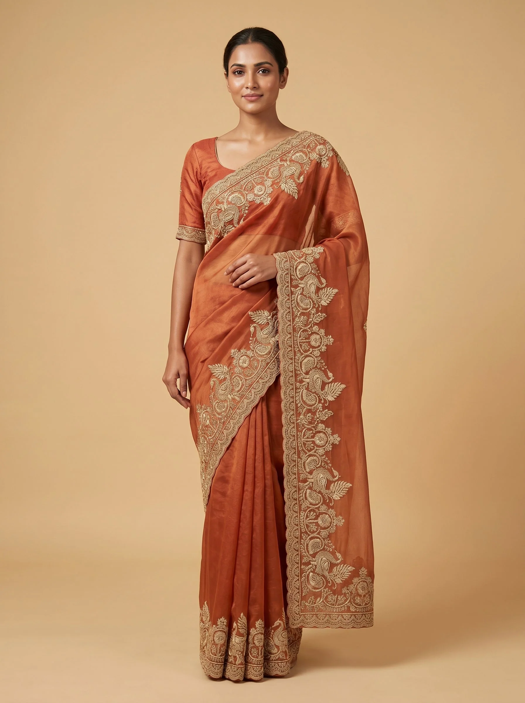 Brown Warm Finish Embroidered Saree