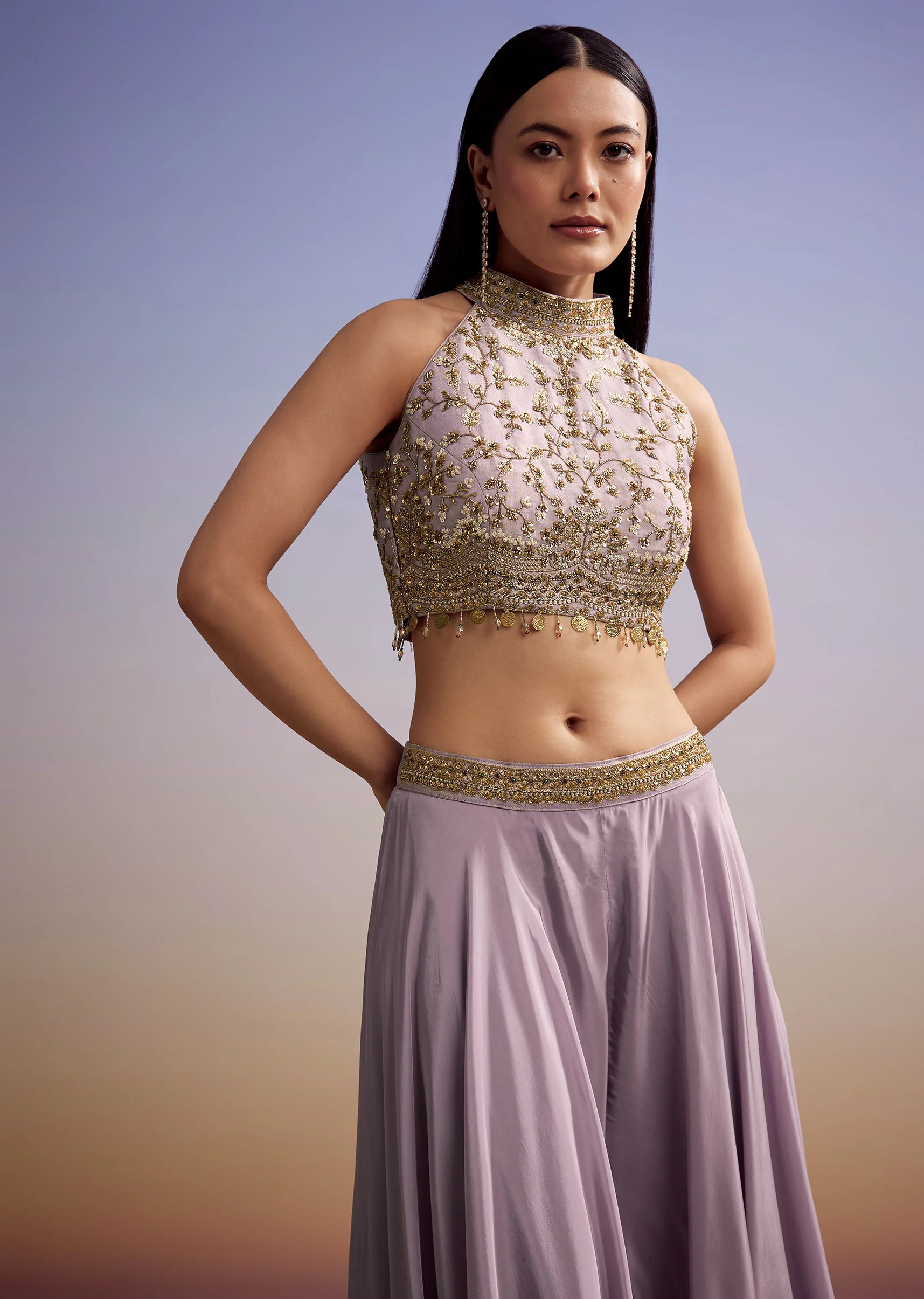 Lilac Tissue Crop Top Set With Embroidery - Image 4