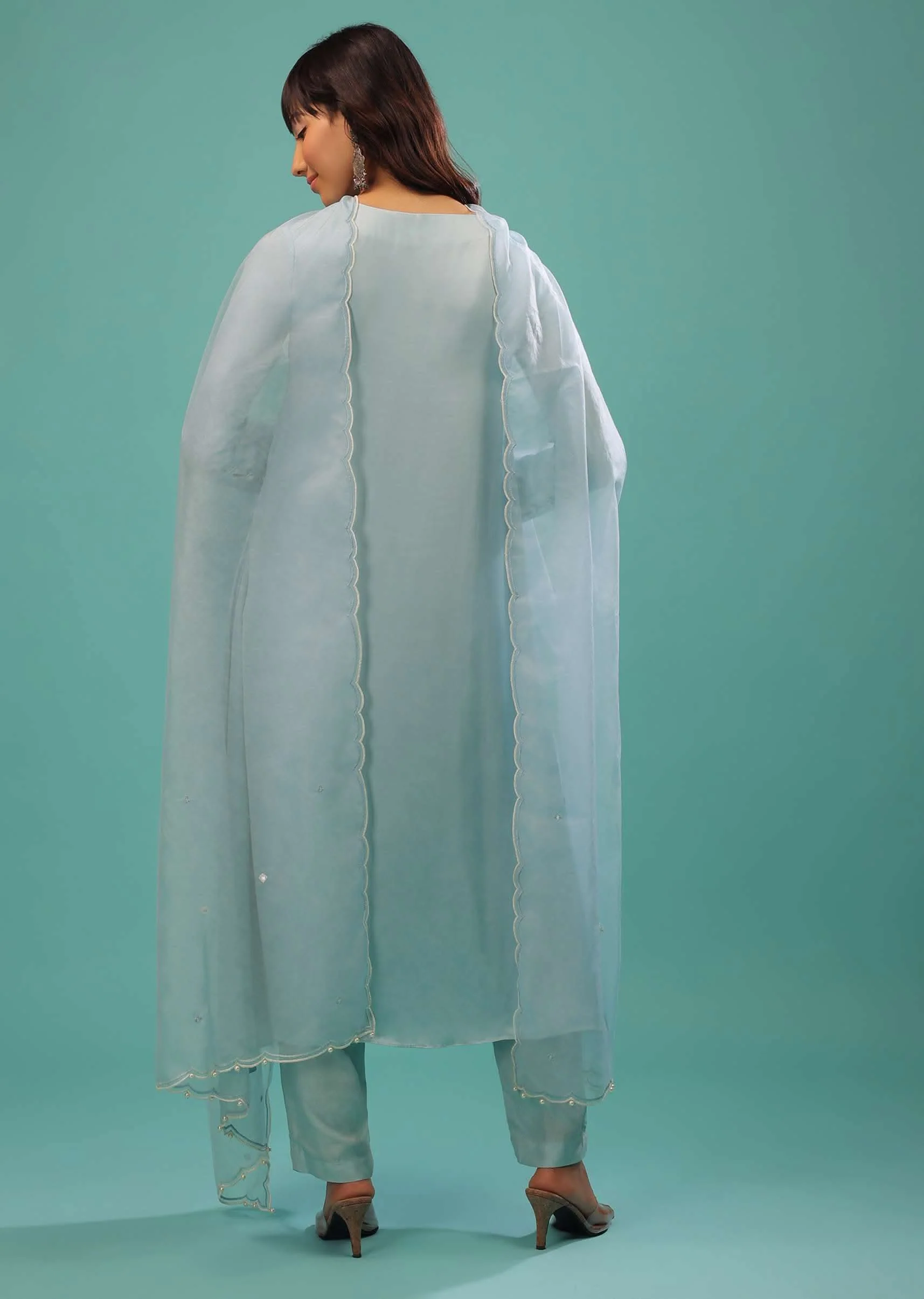 Powder Blue Bemberg Silk Kurti Suit With Dupatta And Silk Pants - Image 5