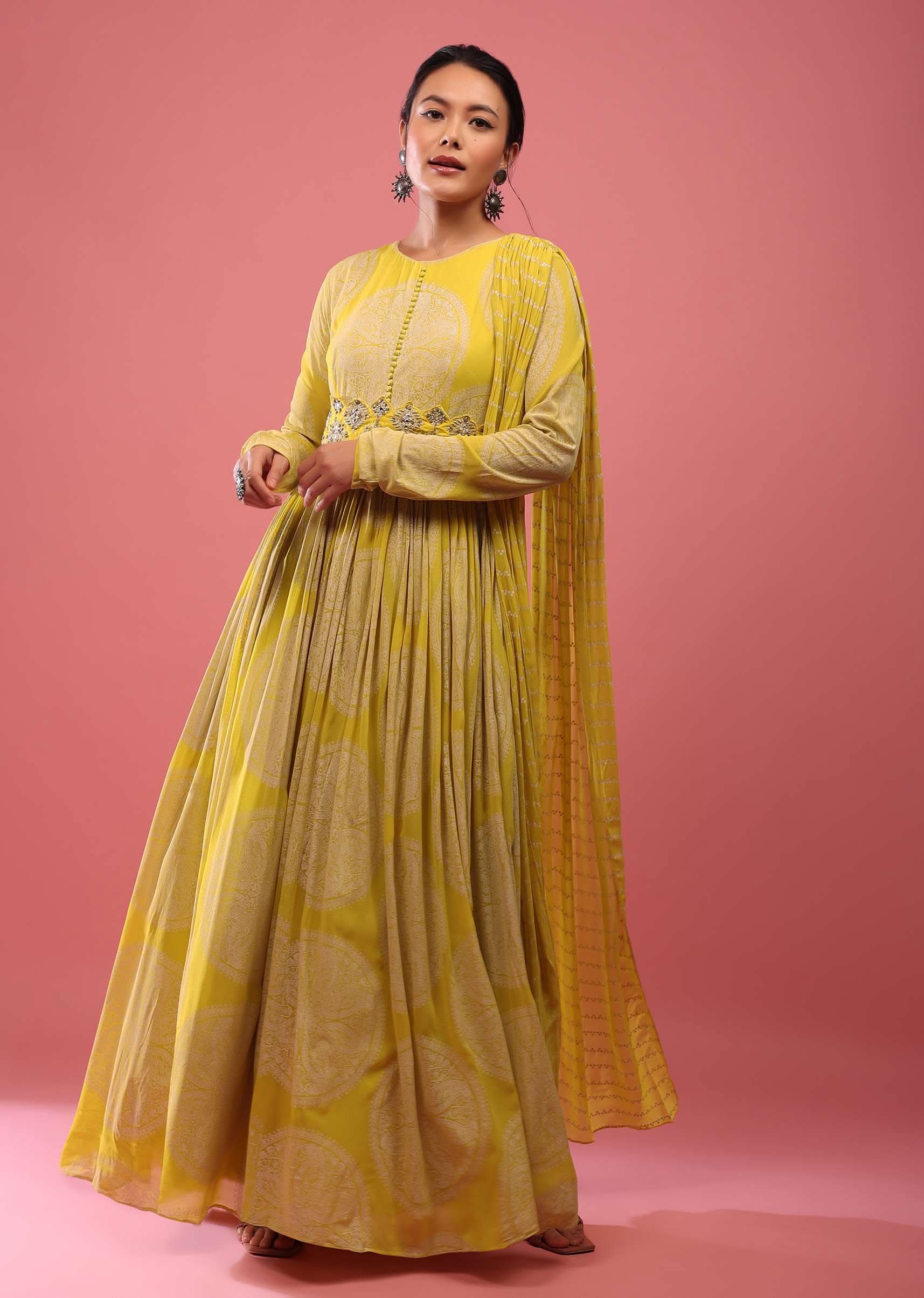 Canary Yellow Anarkali Suit In Georgette With Attached Dupatta And Floral Embroidered Waistbelt - Image 2