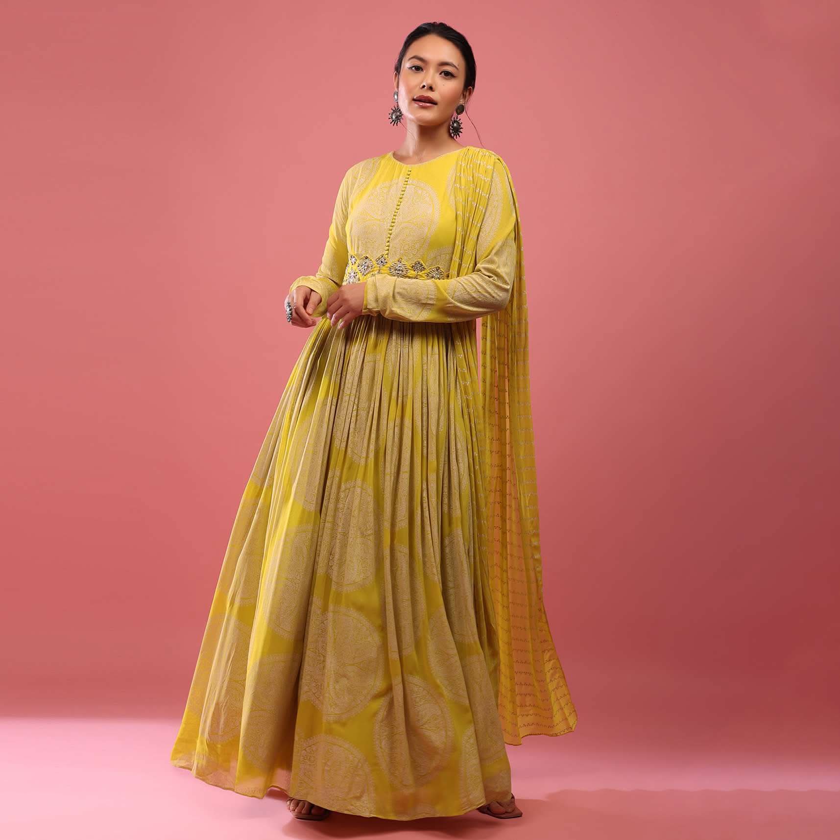 Canary Yellow Anarkali Suit In Georgette With Attached Dupatta And Floral Embroidered Waistbelt - Image 3