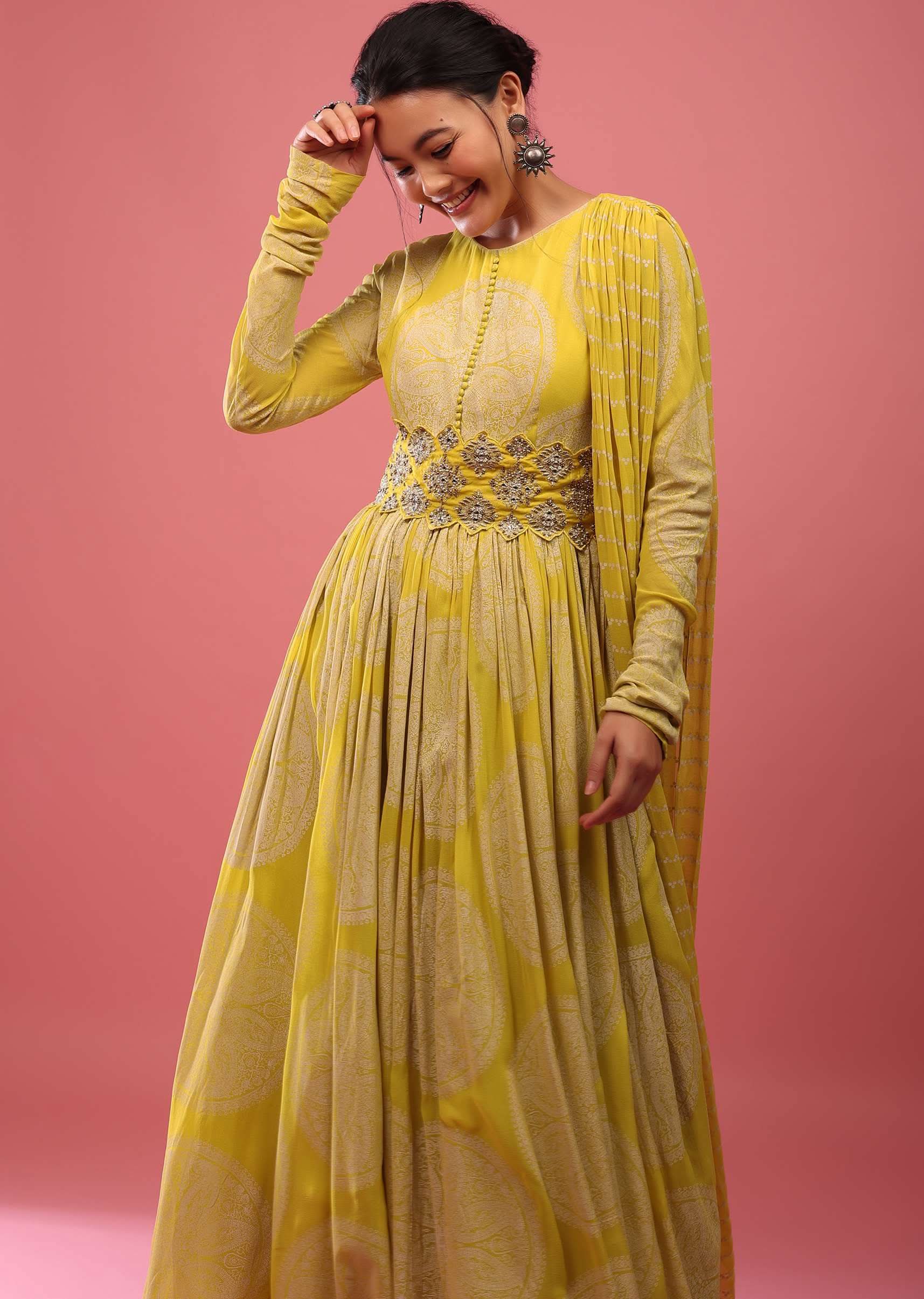 Canary Yellow Anarkali Suit In Georgette With Attached Dupatta And Floral Embroidered Waistbelt - Image 4
