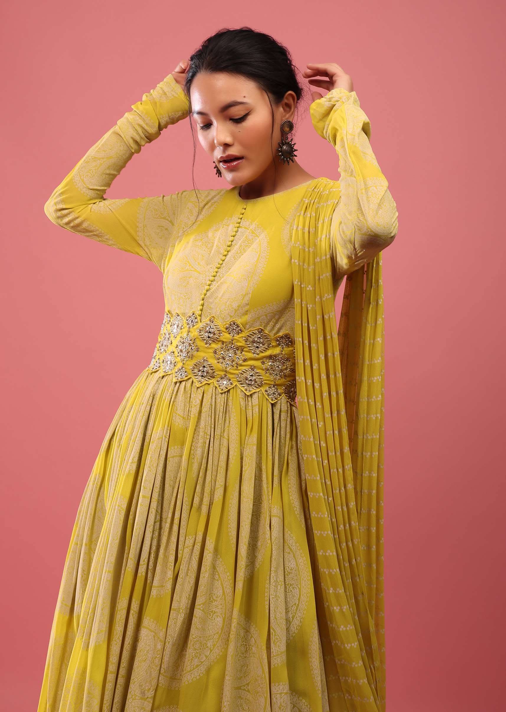 Canary Yellow Anarkali Suit In Georgette With Attached Dupatta And Floral Embroidered Waistbelt - Image 5