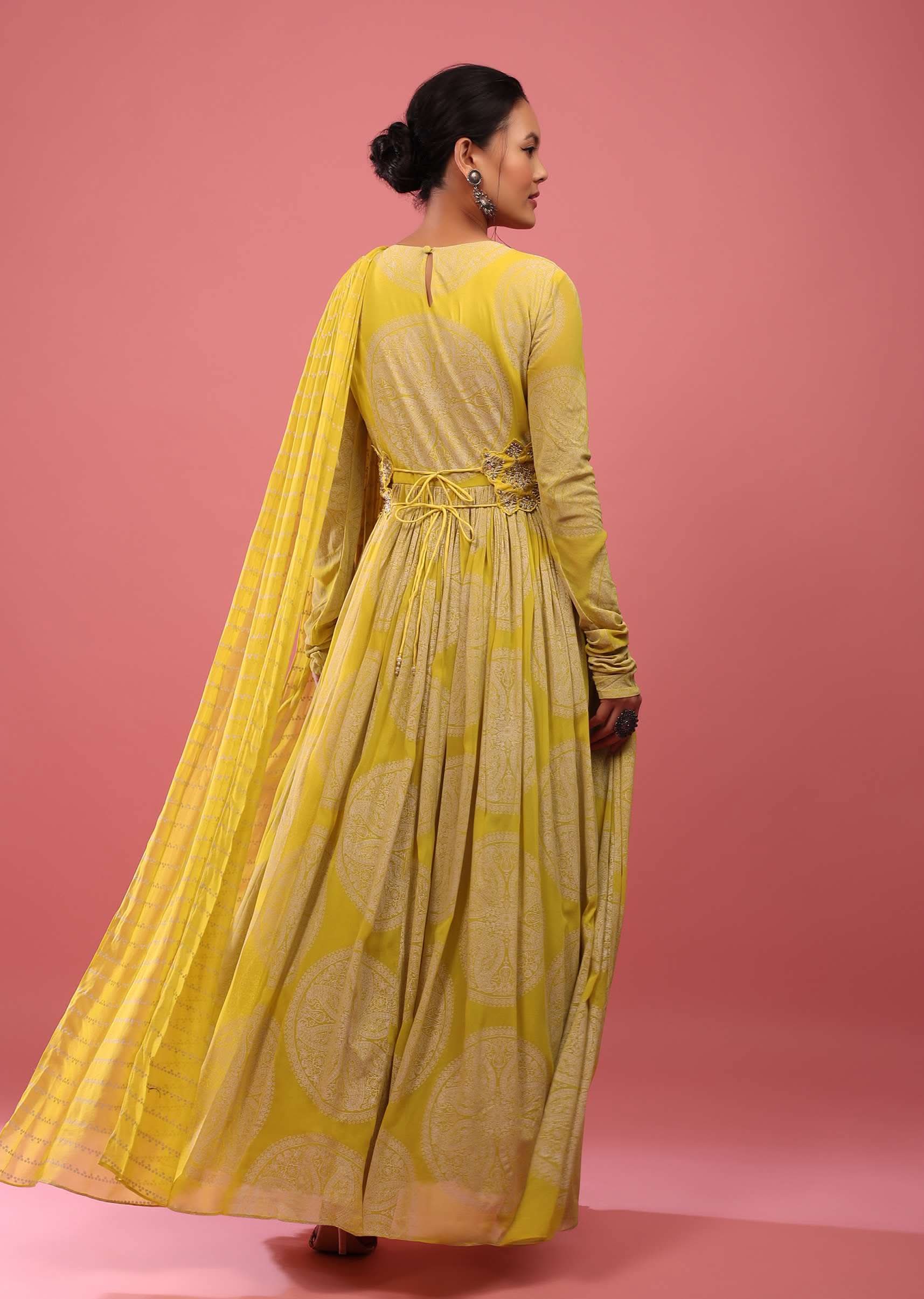 Canary Yellow Anarkali Suit In Georgette With Attached Dupatta And Floral Embroidered Waistbelt - Image 6