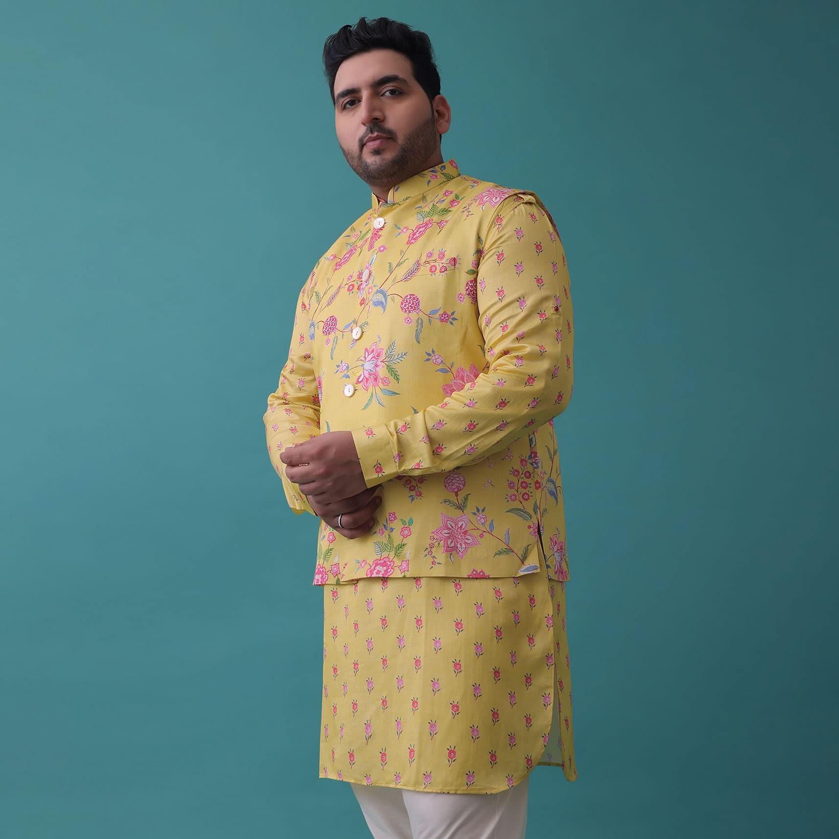Canary Yellow Jacket Kurta Set In Silk With Floral Print - Image 13