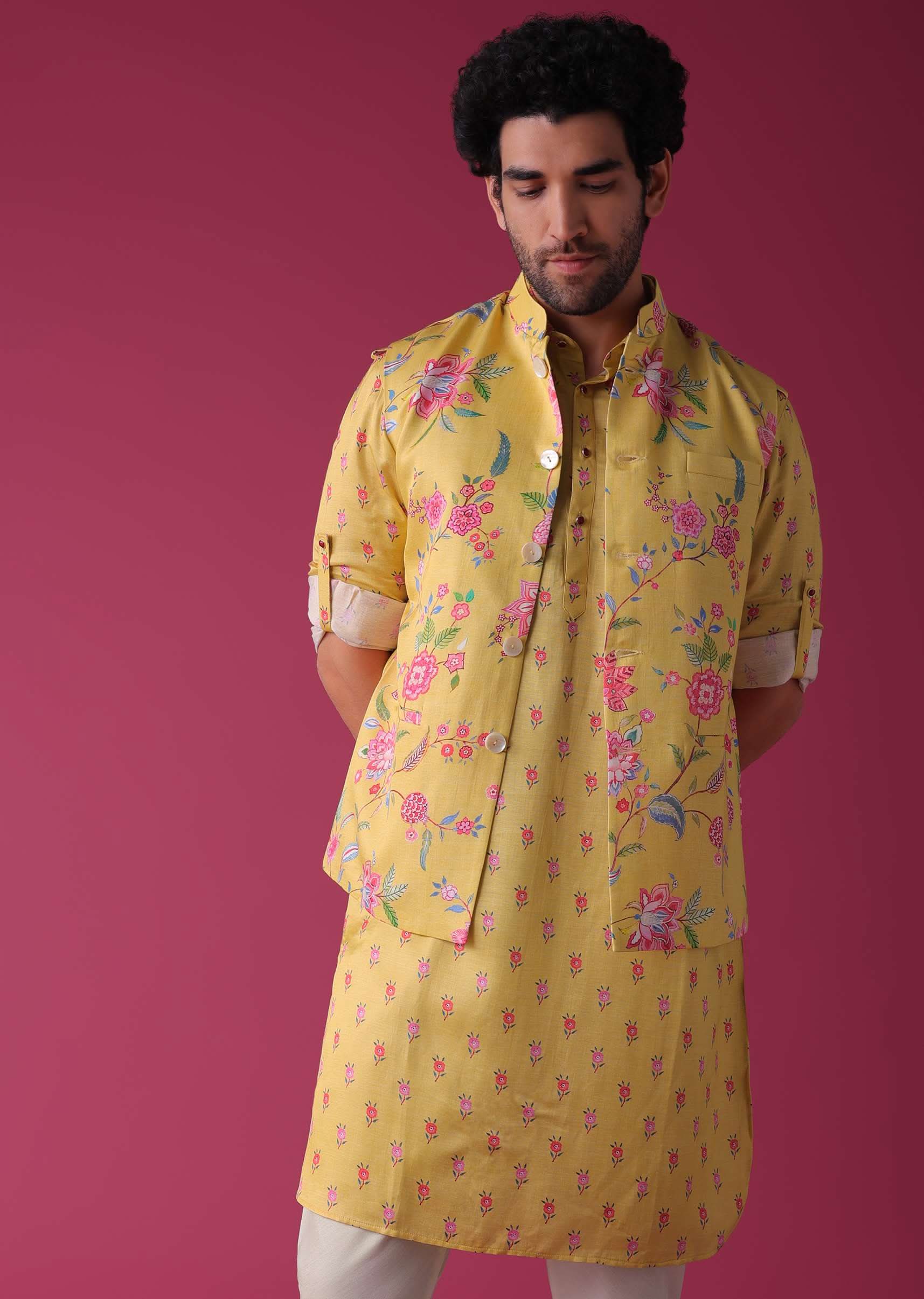 Canary Yellow Jacket Kurta Set In Silk With Floral Print - Image 9