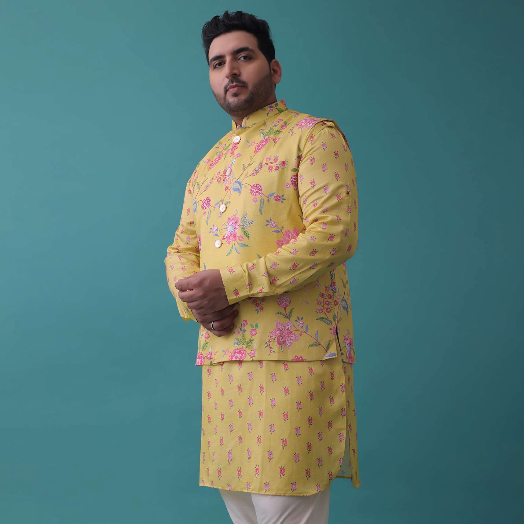 Canary Yellow Silk Jacket Kurta Set With Floral Print - Image 2