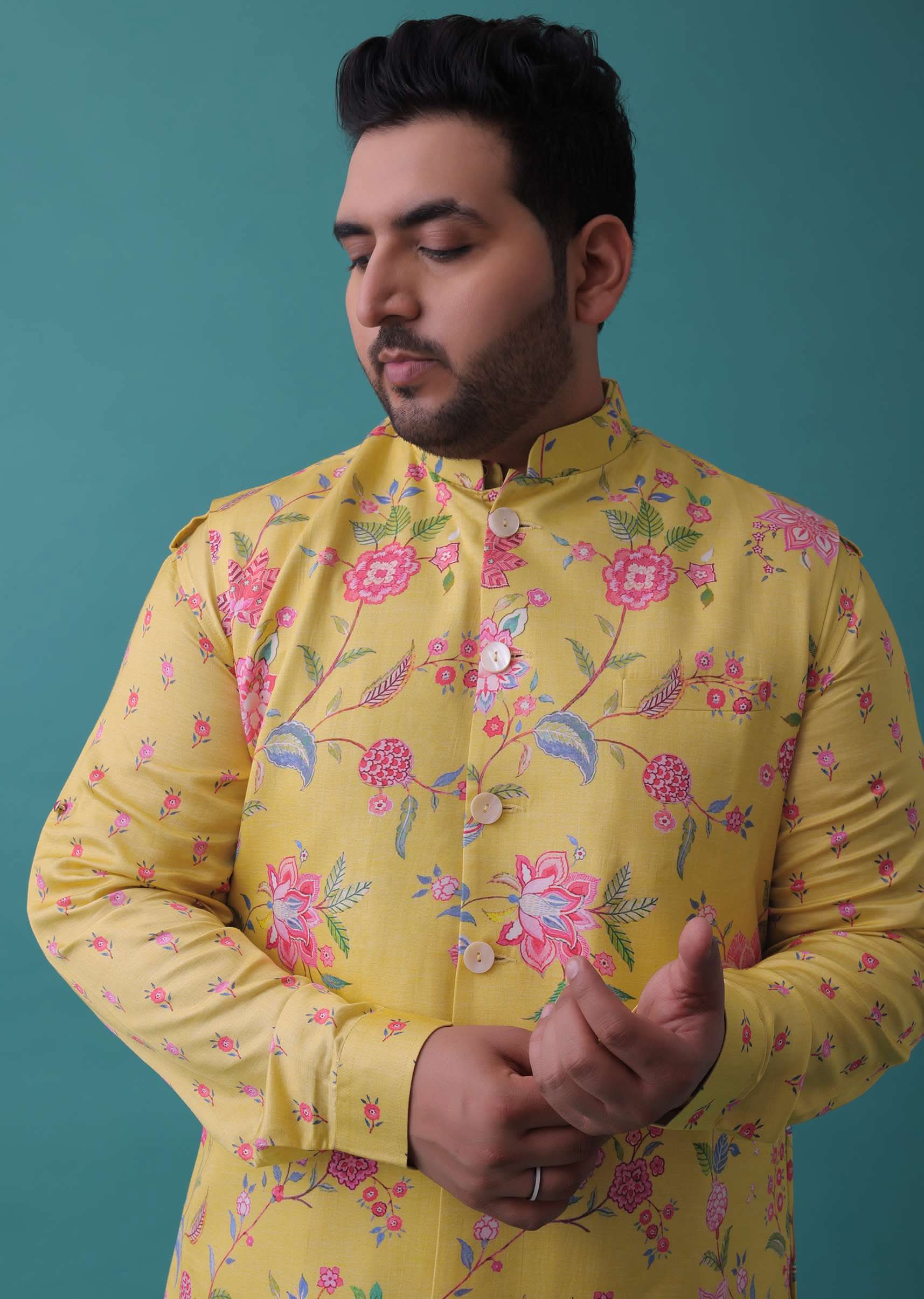 Canary Yellow Silk Jacket Kurta Set With Floral Print - Image 4