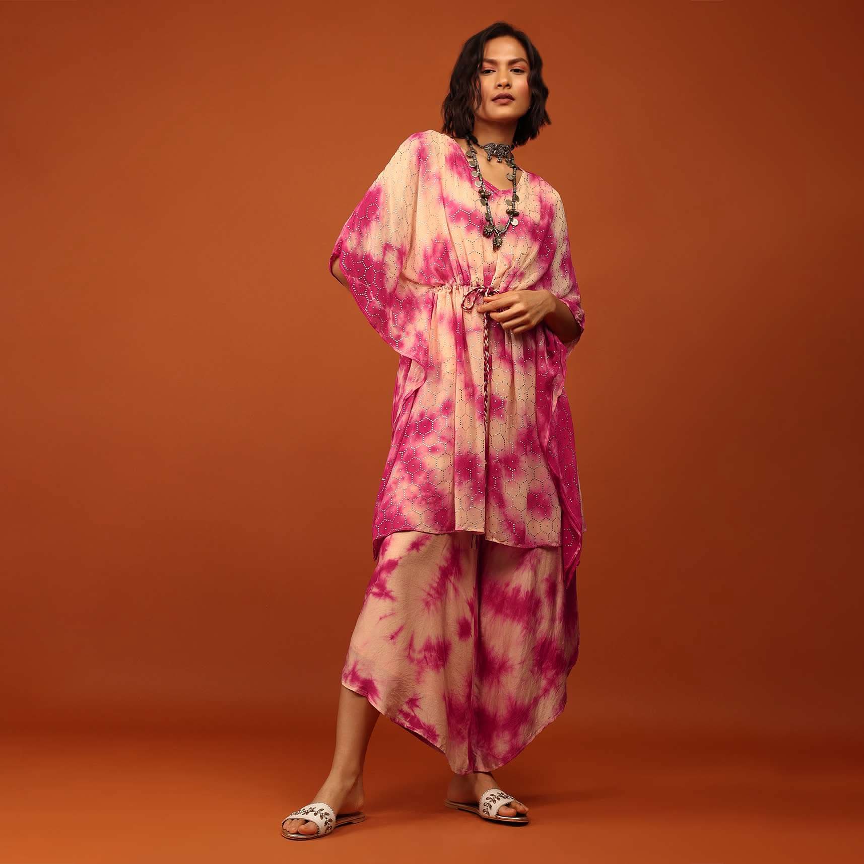 Candy Pink Tie Dye Kaftan Set In V Neckline With A Tie-Up Tassel Dori At The Front - Image 2
