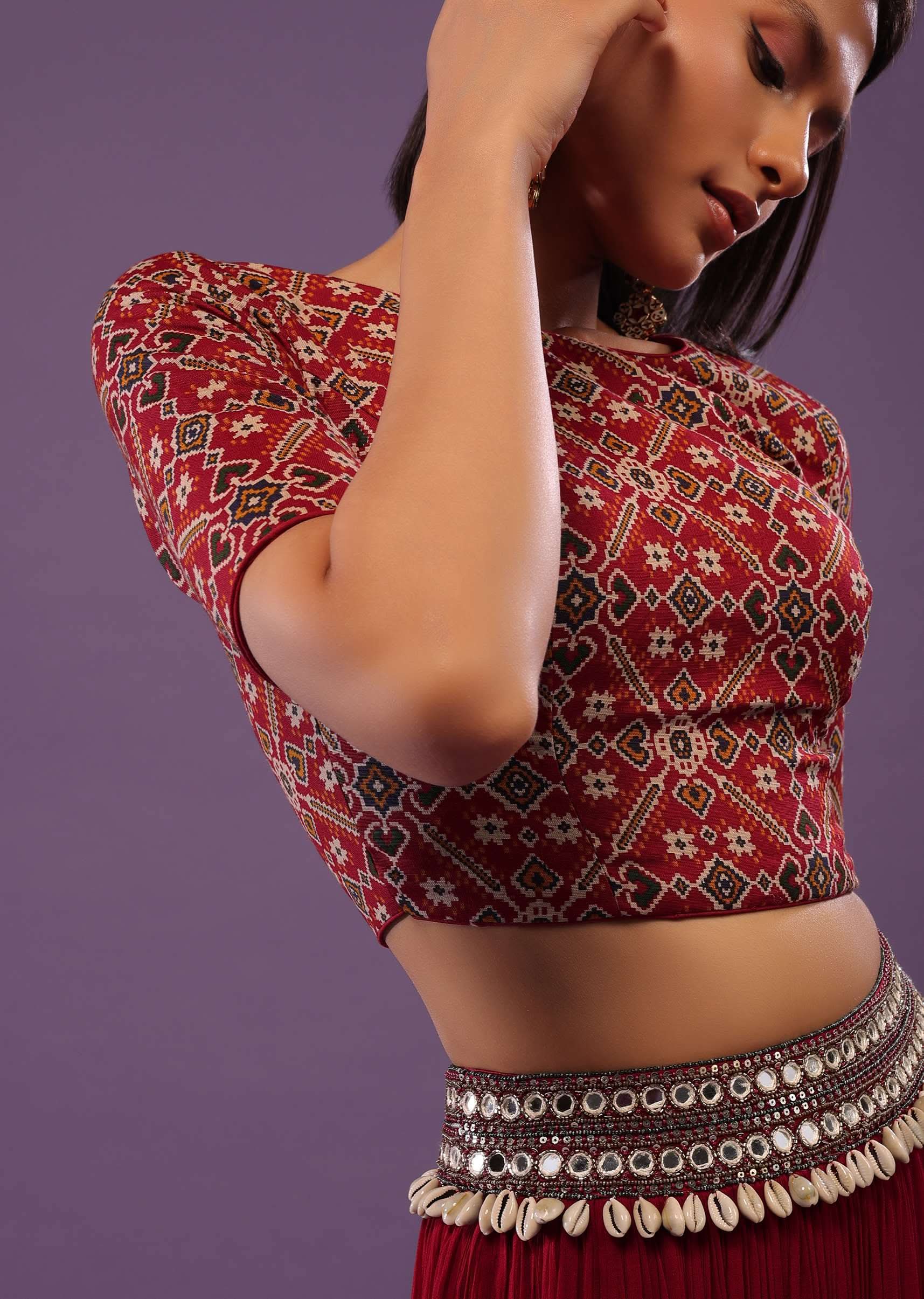 Carmine Red Patola Printed Blouse In Raw Silk - Image 3