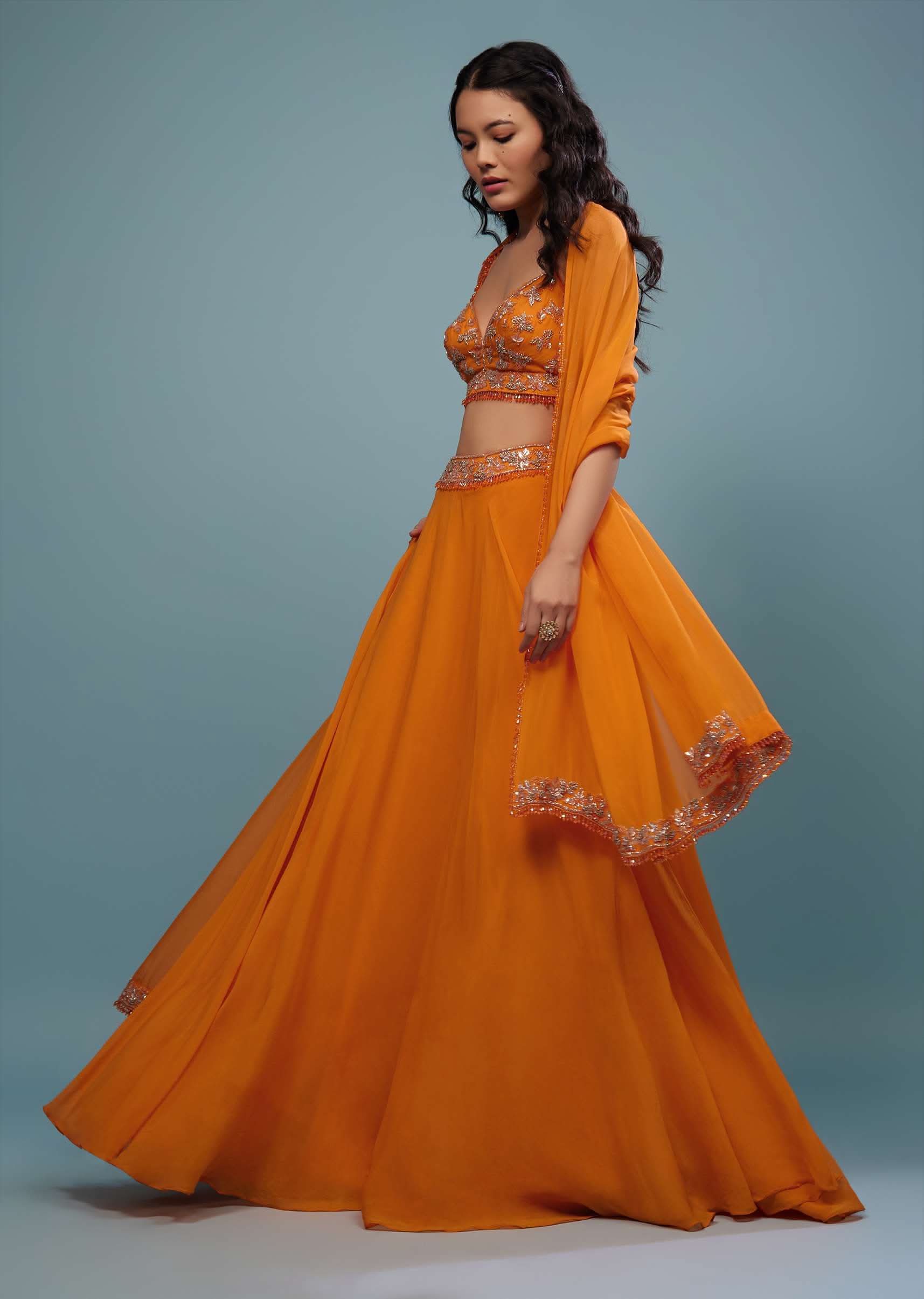 Carrot Orange Embroidered Lehenga Set In Organza - Image 3