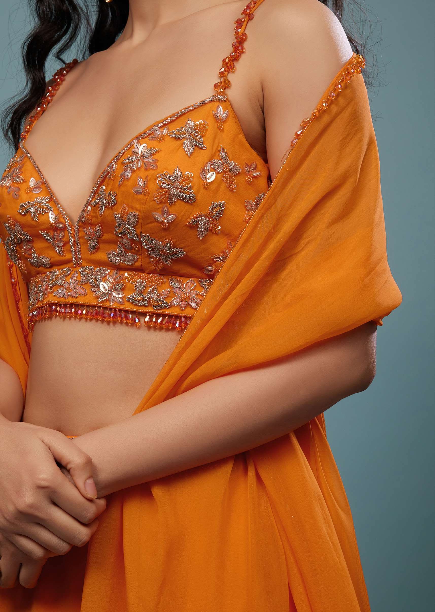 Carrot Orange Embroidered Lehenga Set In Organza - Image 4
