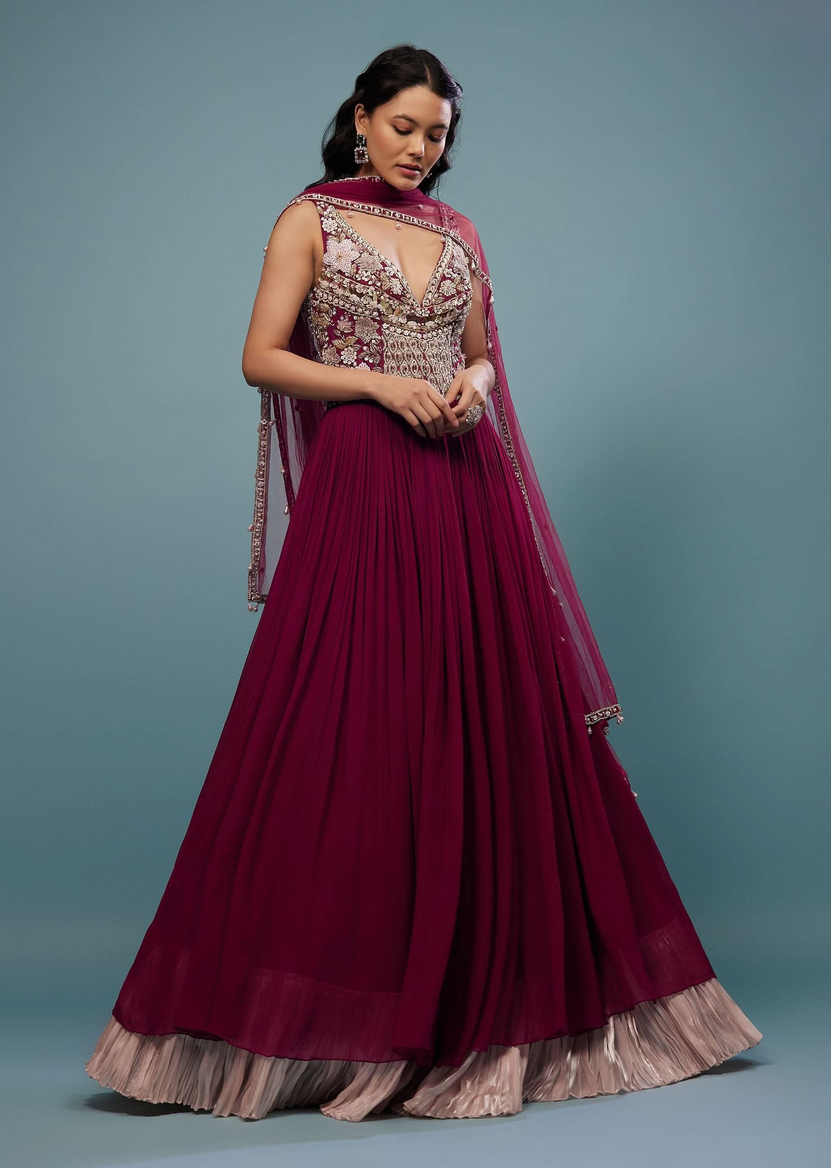 Wine Red Embroidered Anarkali Suit In Viscose Georgette - Image 4