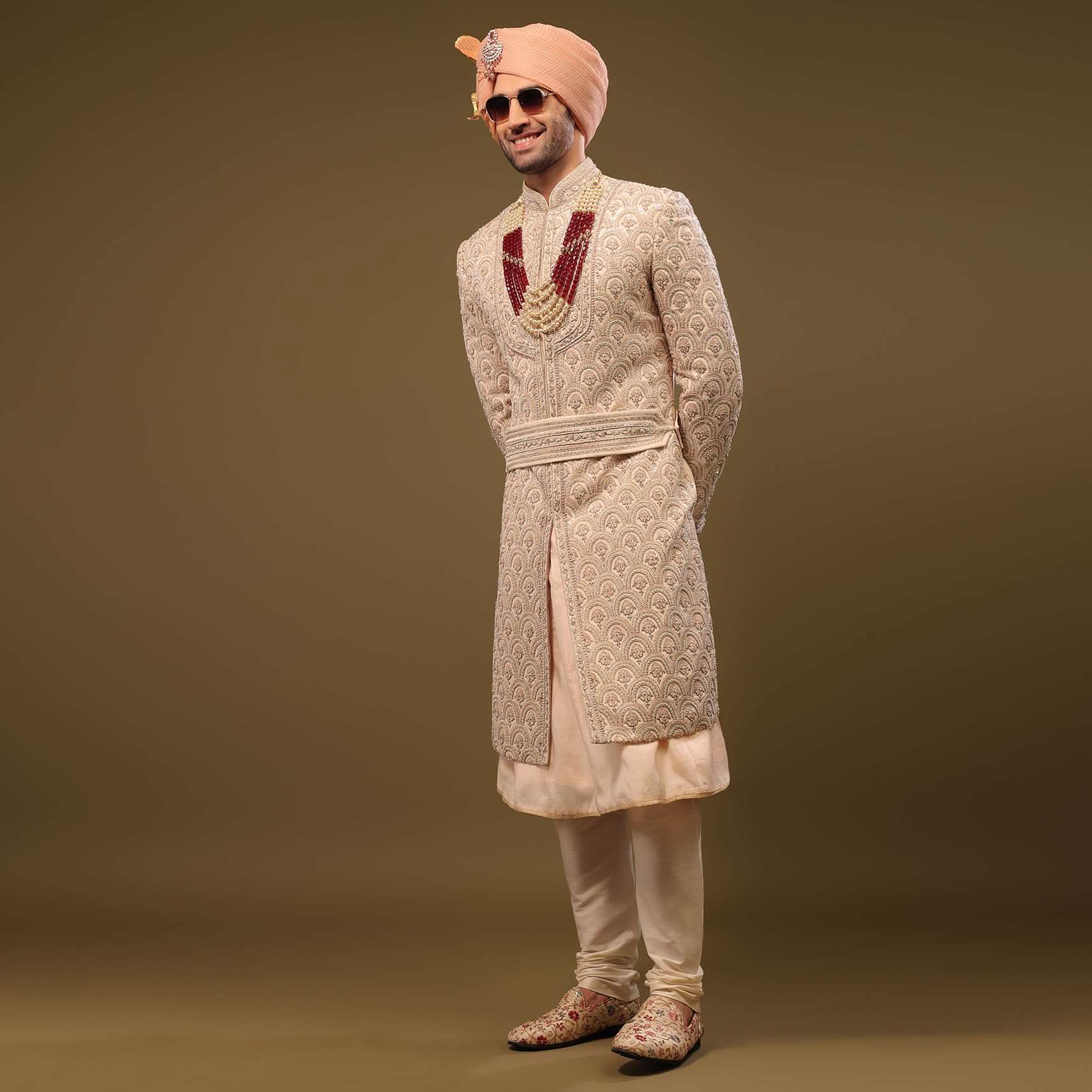Champagne Brown Silk Sherwani Set With Hand Embroidery - Image 4