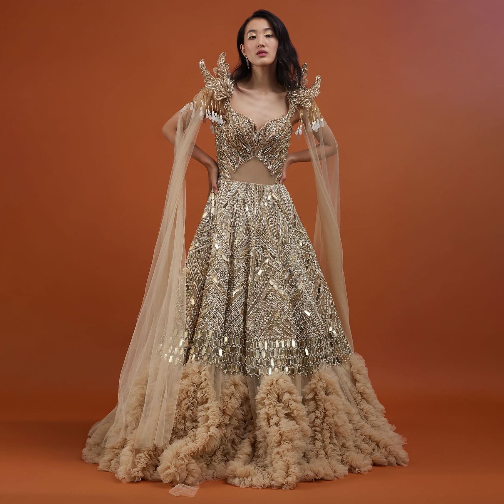 Champagne Gold Divine Net Fabricated Gown With Ruffle Frill Adornment - NOOR 2022 - Image 9