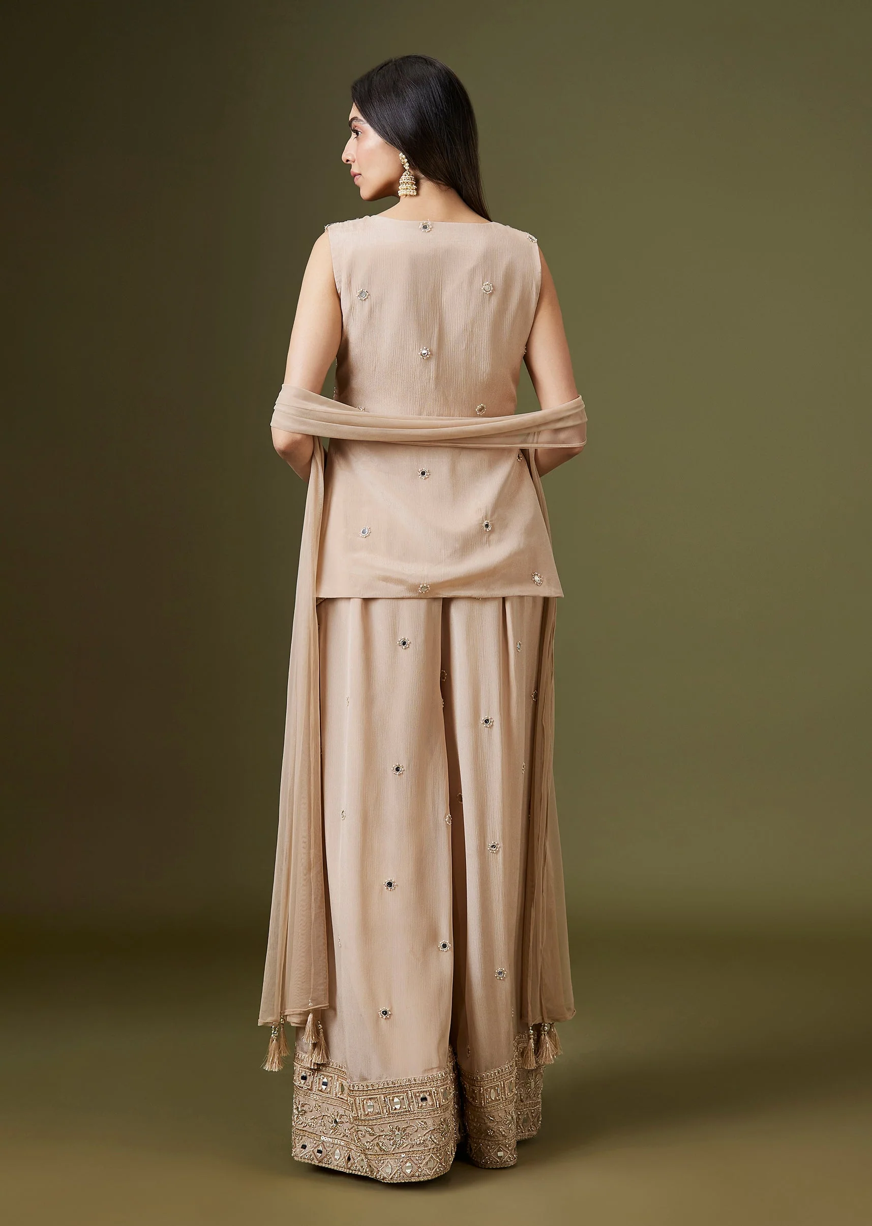 Champagne Gold Front Slit Palazzo Set With Mirror Cut Dana Embellishments - Image 5