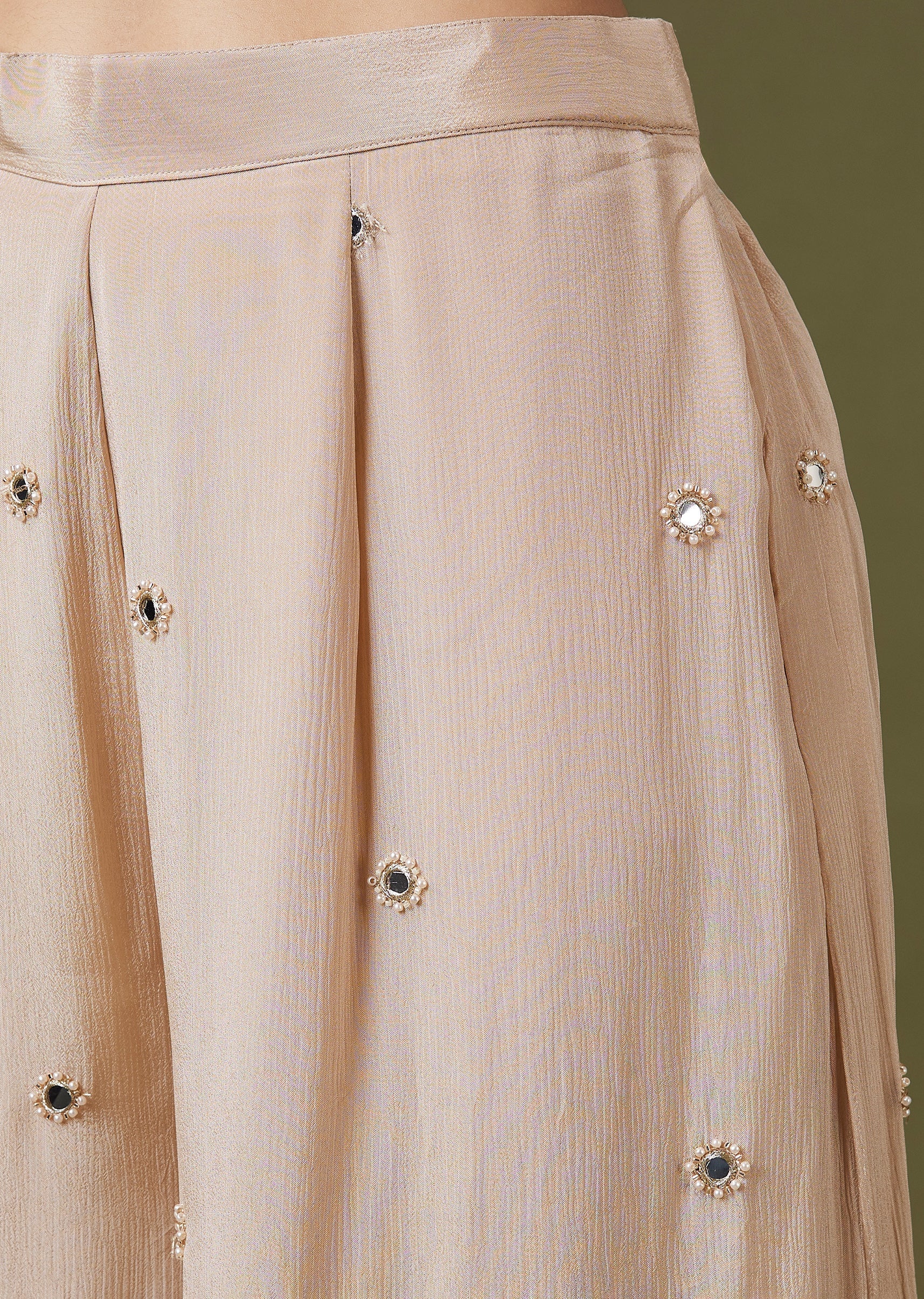 Champagne Gold Front Slit Palazzo Set With Mirror Cut Dana Embellishments - Image 6