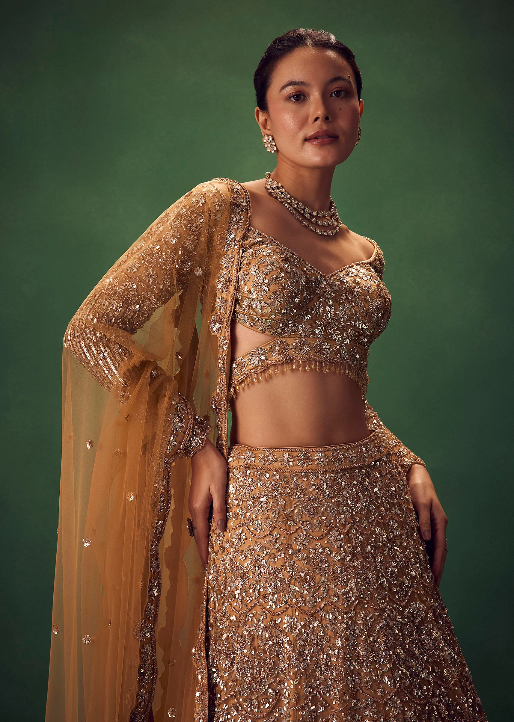 Champagne Gold Hand Embroidered Sequin Work Lehenga Set - Image 3