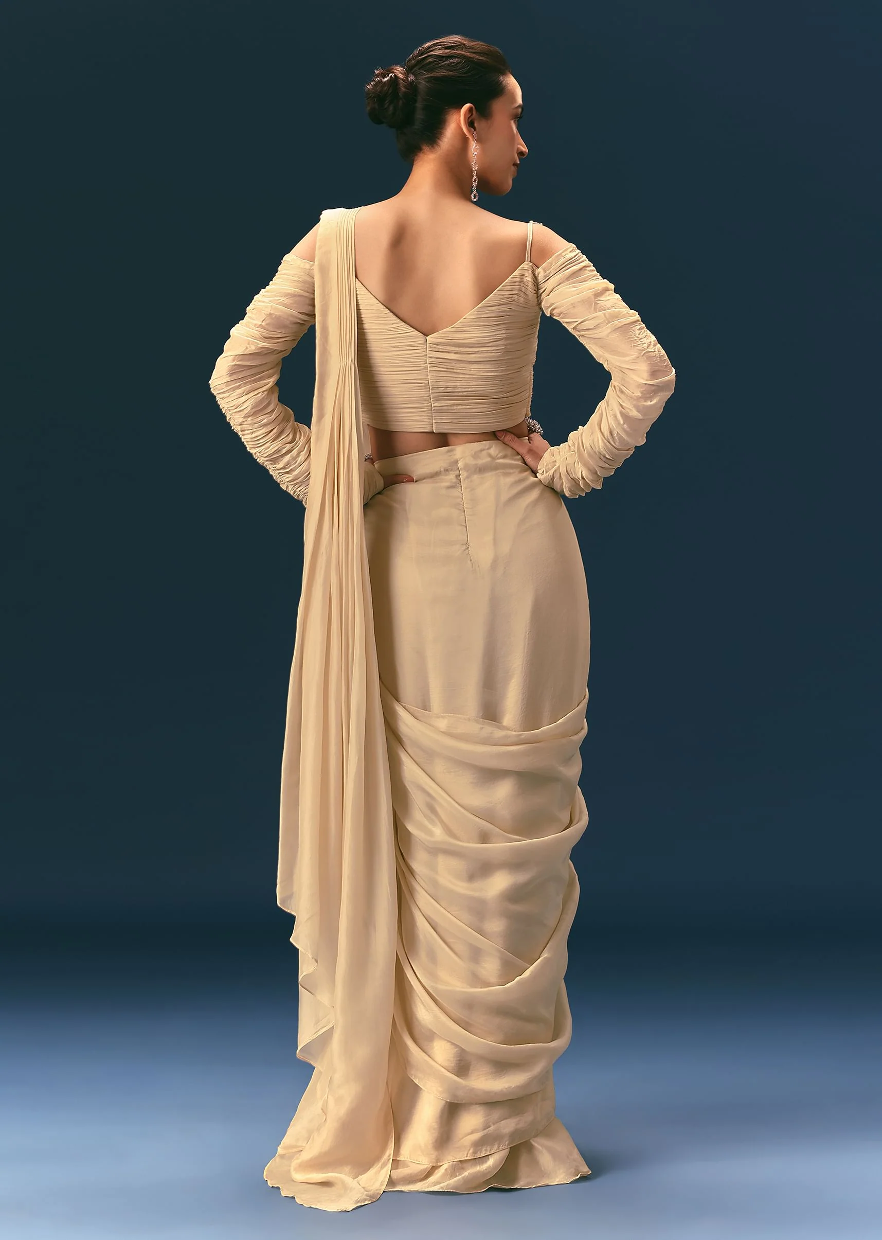 Champagne Peach Embroidered Readymade Saree With 3D Applique Blouse - Image 5