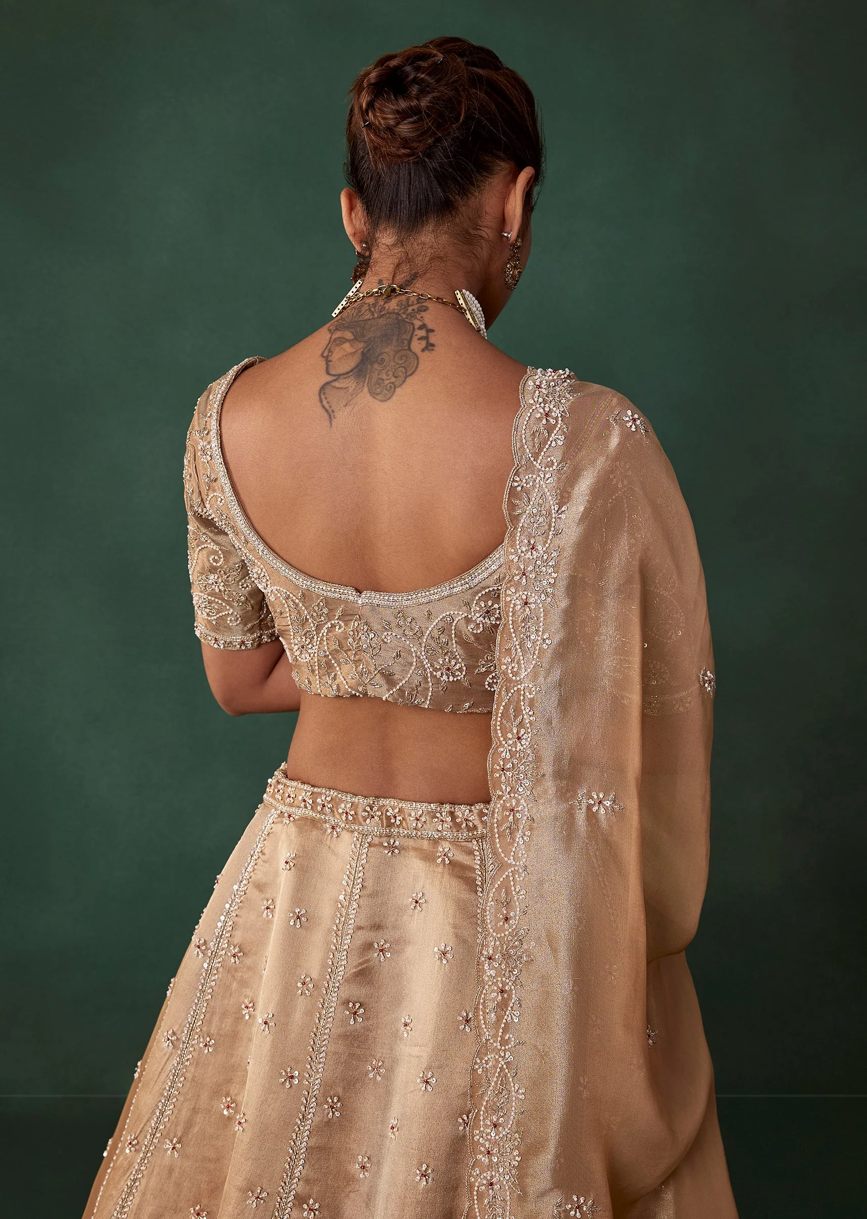 Champagne Silk Cutdana Embroidered Bridal Lehenga Set - Image 6