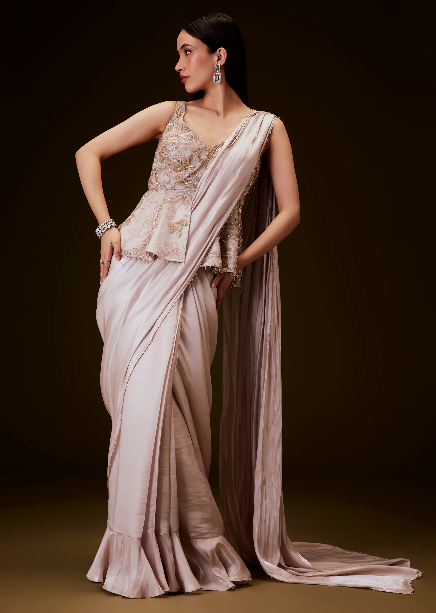 Champion Peach Sequence Embroidered Peplum Top With Saree - Image 2