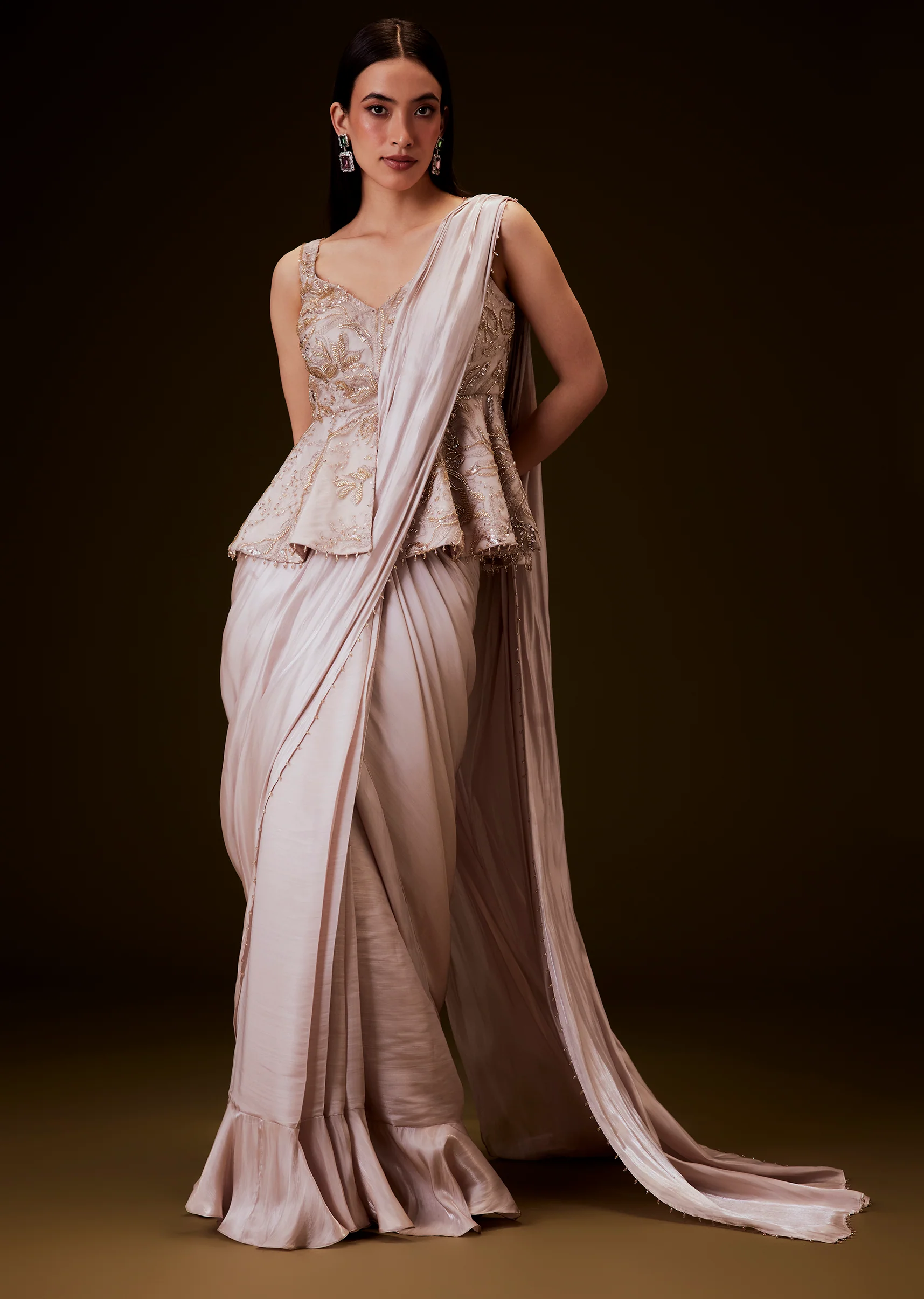 Champion Peach Sequence Embroidered Peplum Top With Saree - Image 5