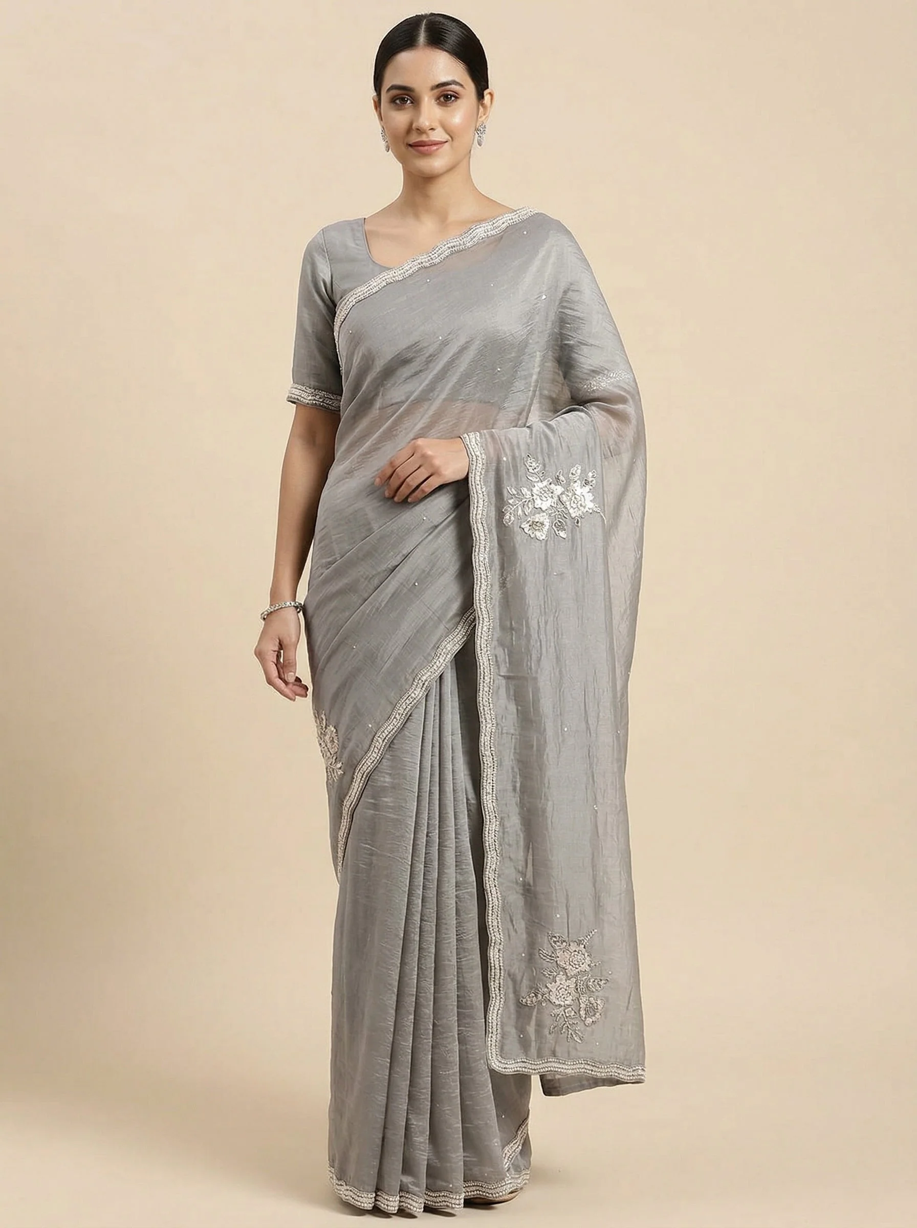 Charcoal Dark Grey Embroidered Saree