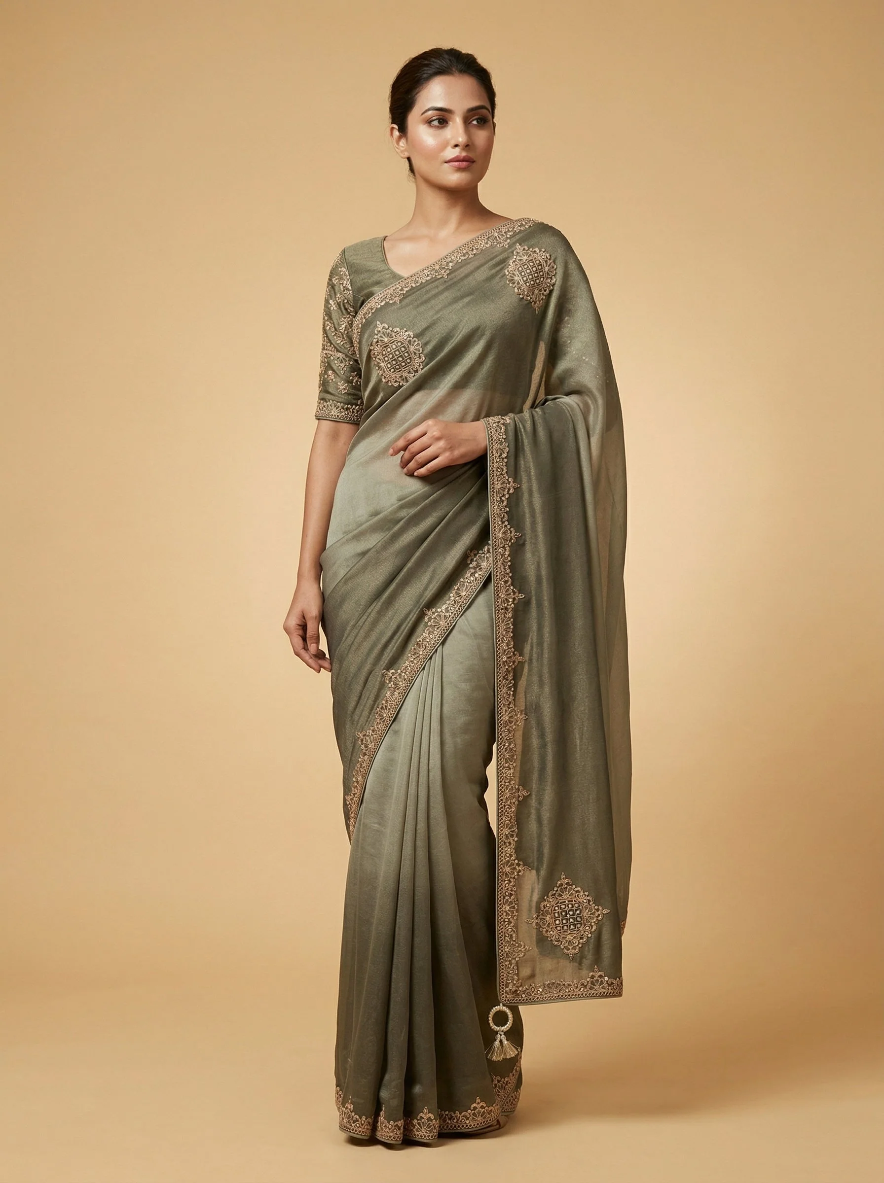 Charcoal Grey Embroidered Saree