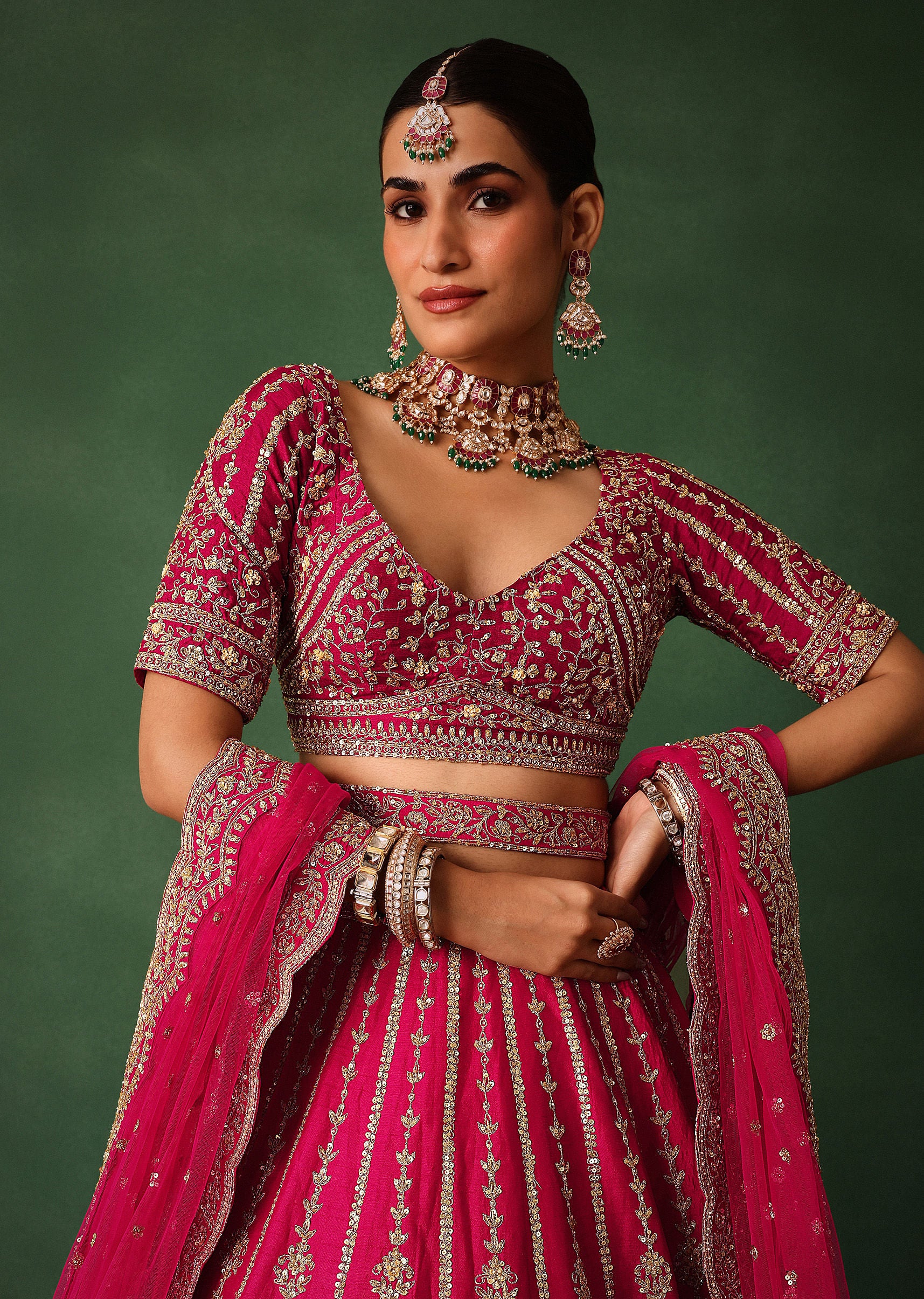 Cherry Red Hand Embroidered Raw Silk Lehenga Set With Dupatta - Image 5