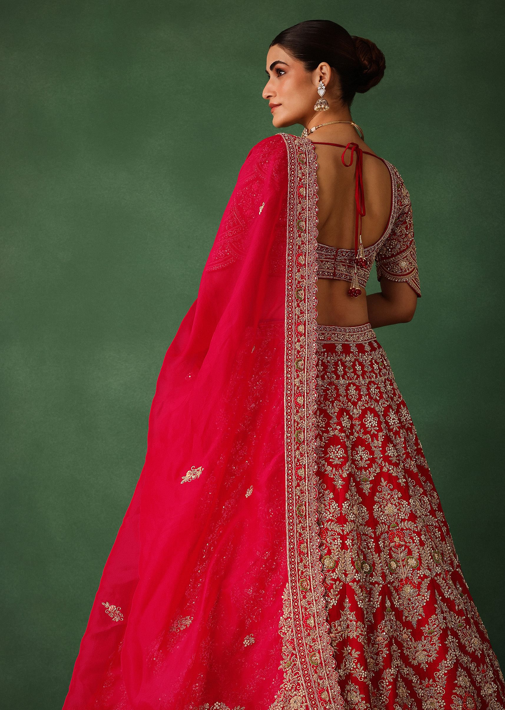 Cherry Red Hand Embroidered Raw Silk Lehenga Set With Net Dupatta - Image 3