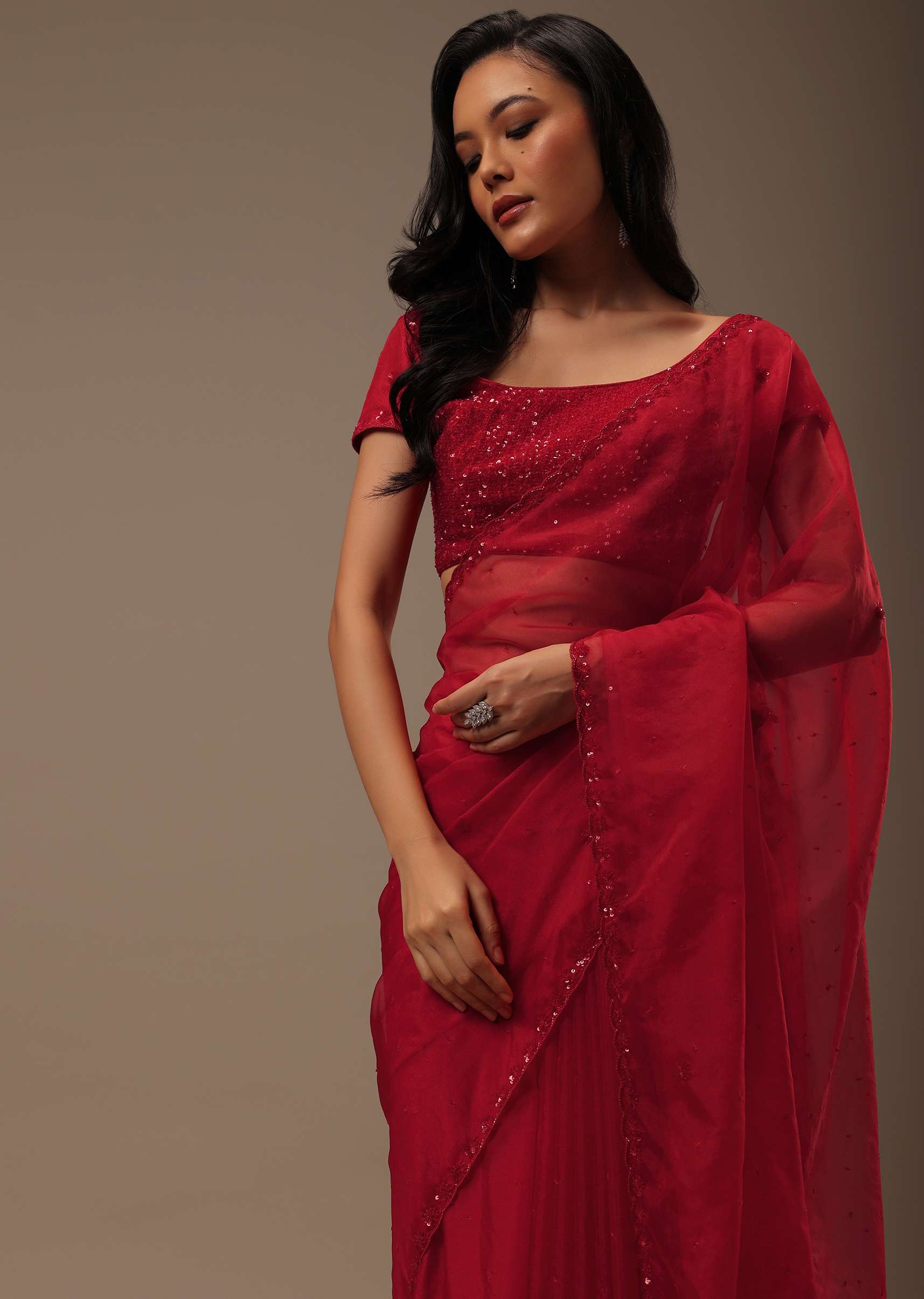 Cherry Red Organza Saree With Cut Dana And Sequins Work - Image 2