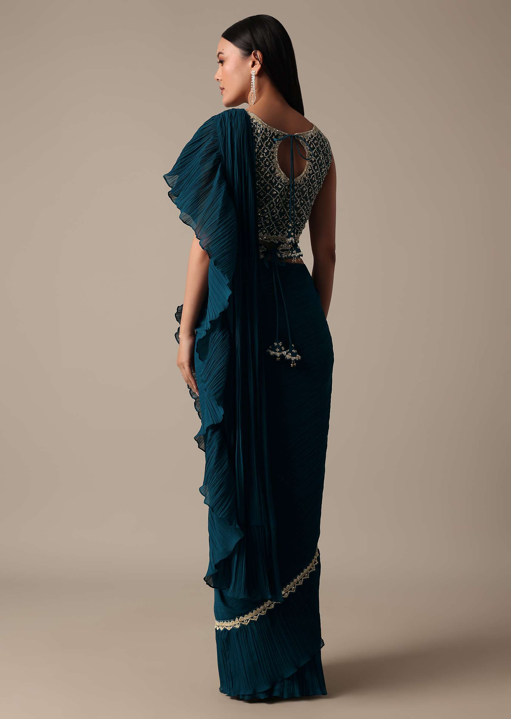 Chic Blue Readymade Saree With Ready Made Blouse - Image 5