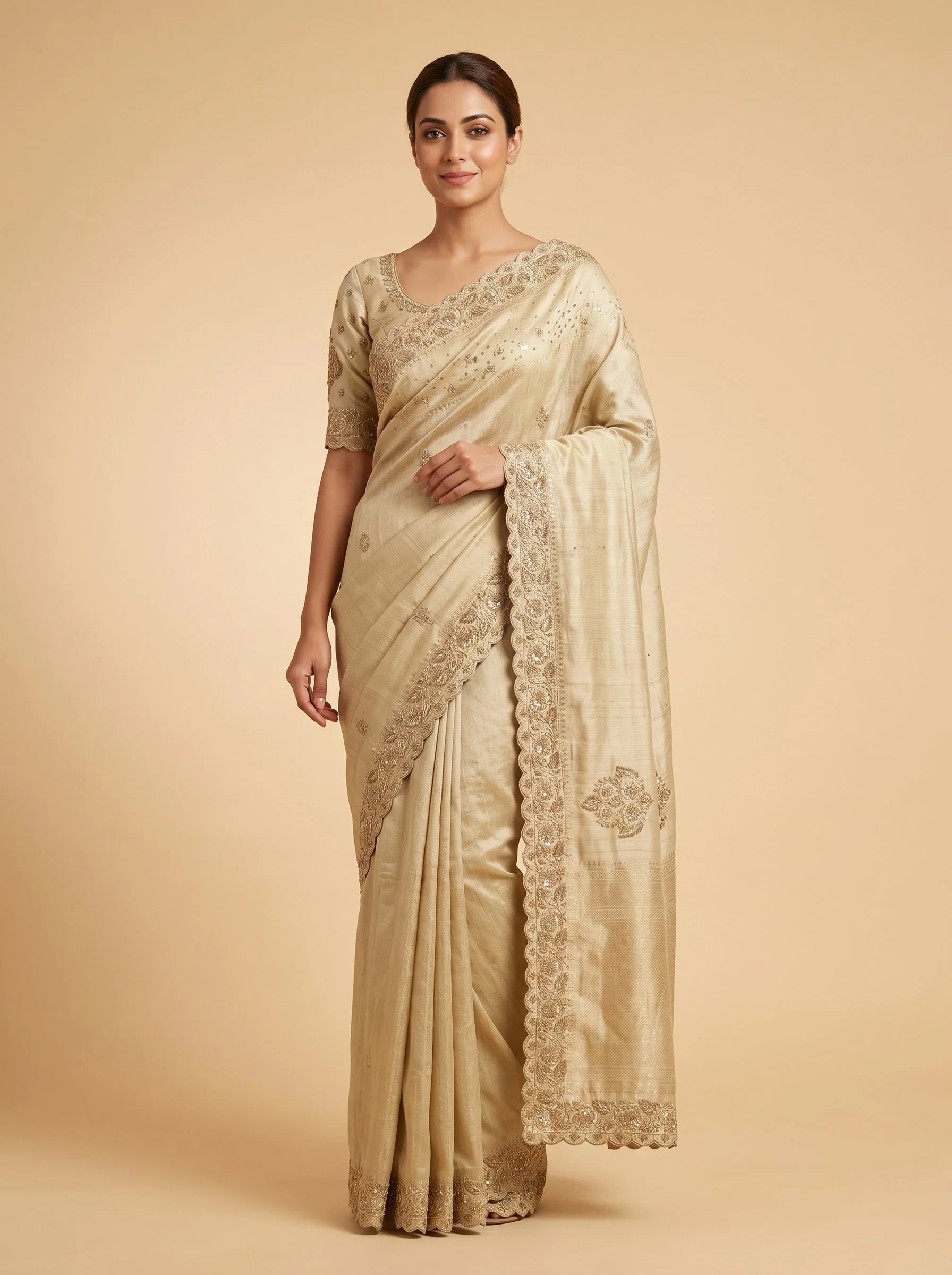 Chiku embroidered saree with elegant motifs