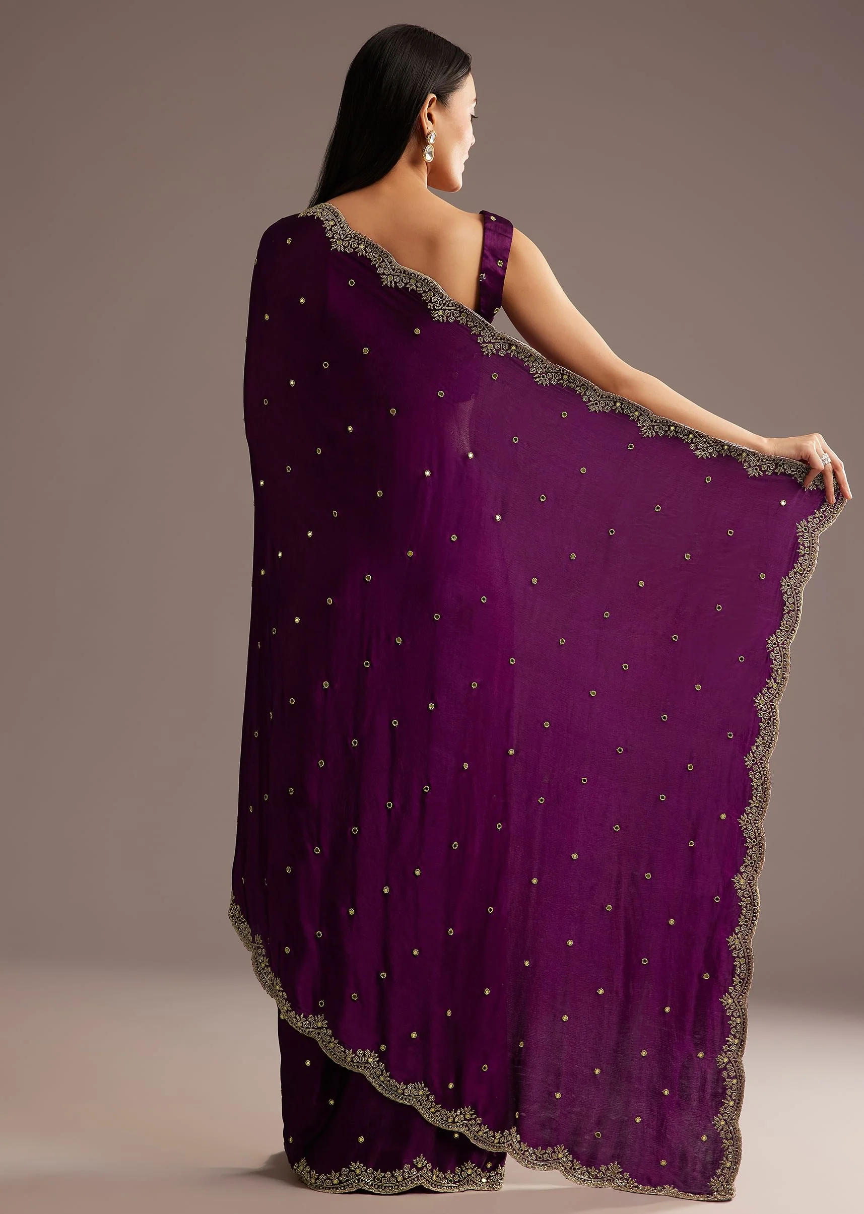 Chinon Satin Saree With Cutdana And Mirror Embellishment - Image 4