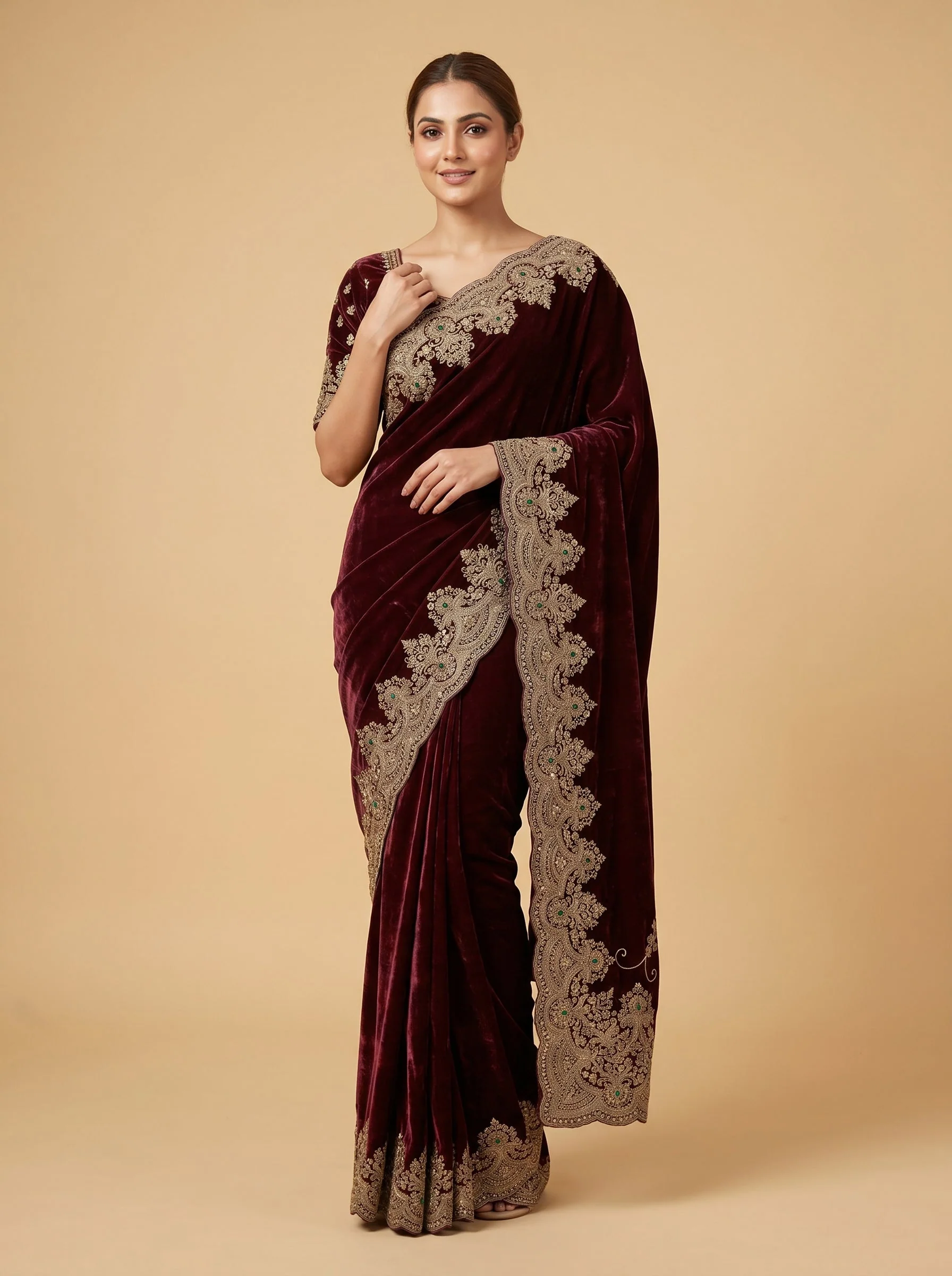 Chocolate Brown Embroidered Saree