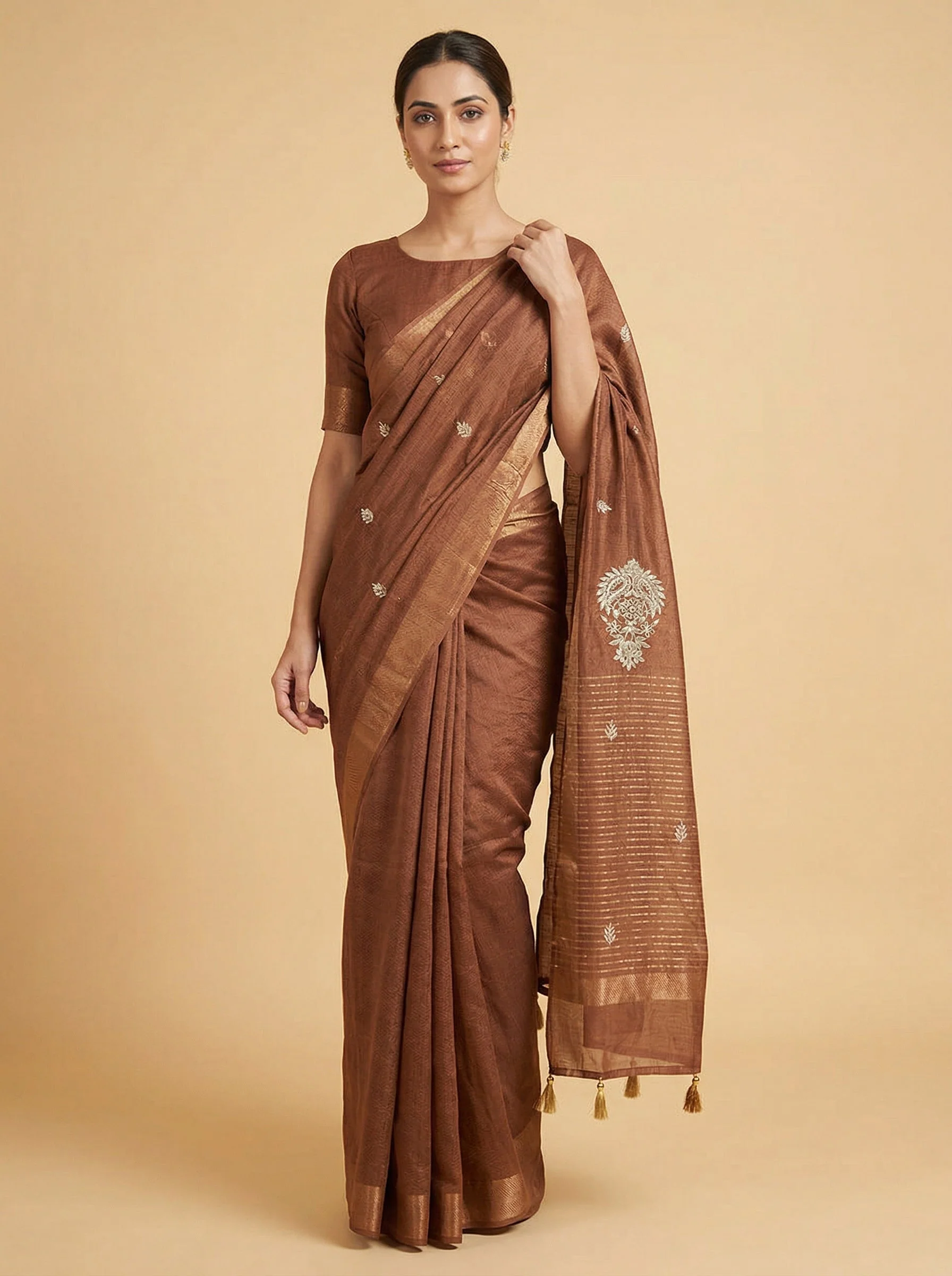 Chocolate Brown Opulent Embroidered Saree