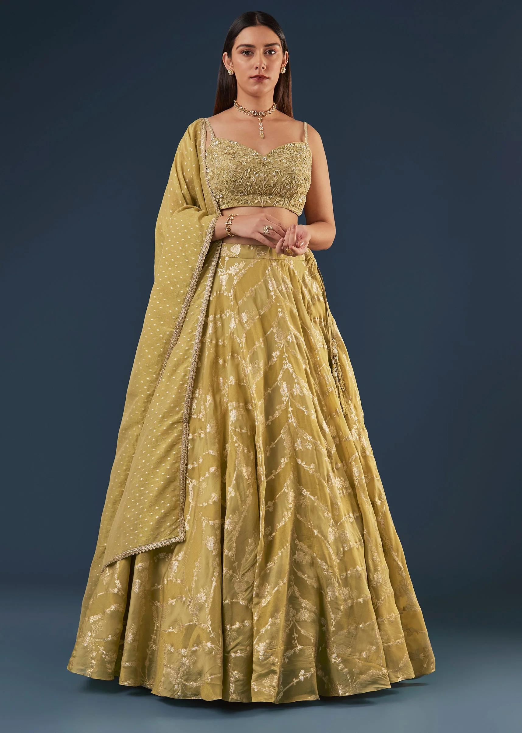 Citrus Green Banarasi Lehenga Set With Sequin And Lace Detailing - Image 4