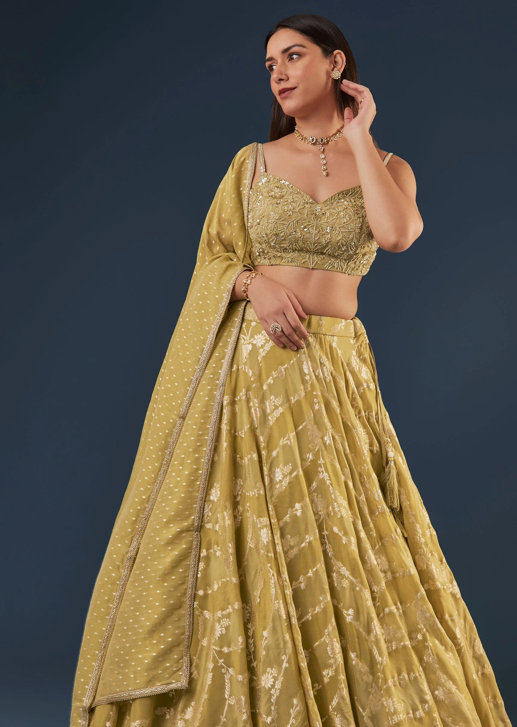 Citrus Green Banarasi Lehenga Set With Sequin And Lace Detailing - Image 5