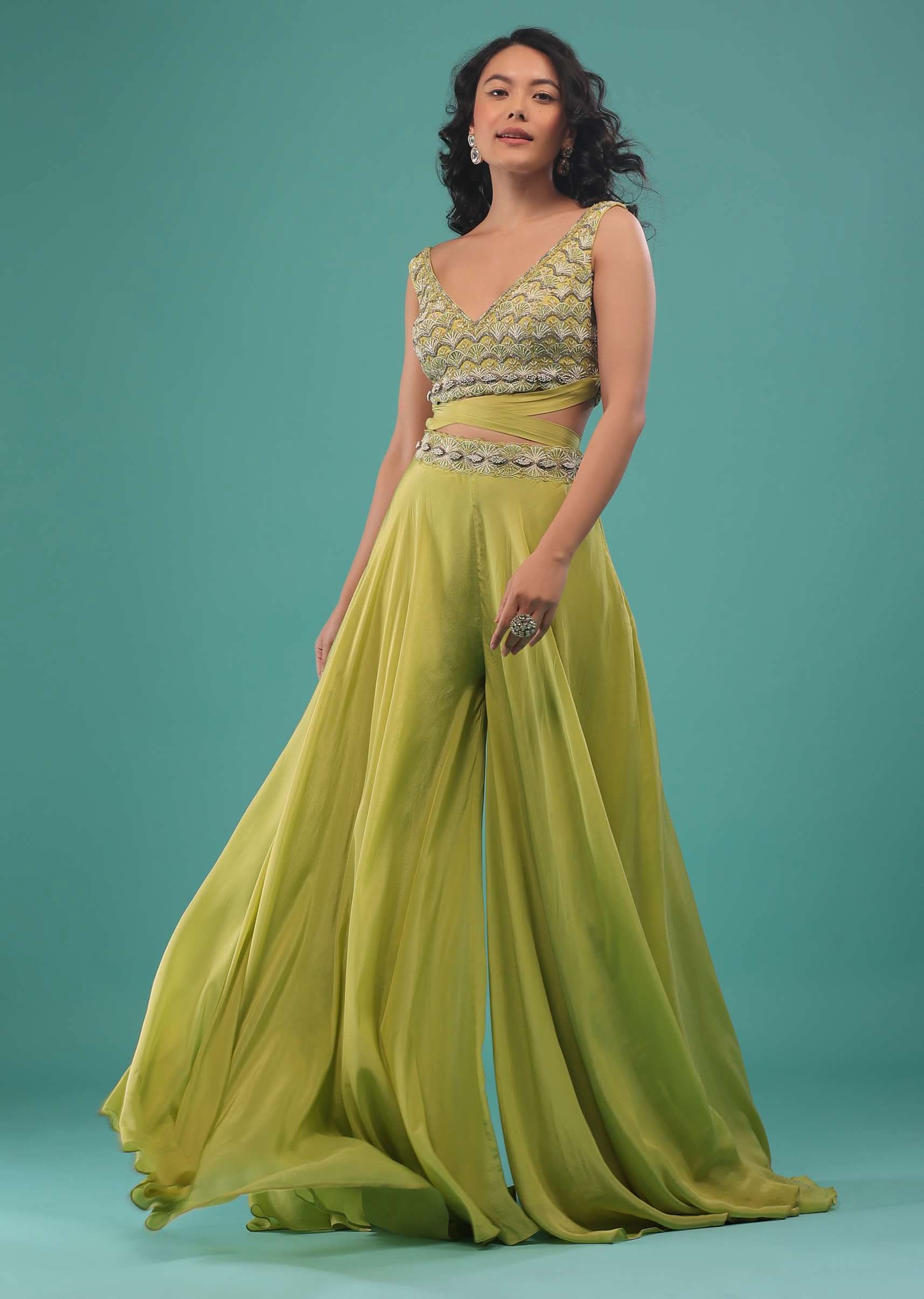 Citrus Green Flared Palazzo And A Crop Top Set, Crafted In Crepe With A Side Zip Closure - Image 6