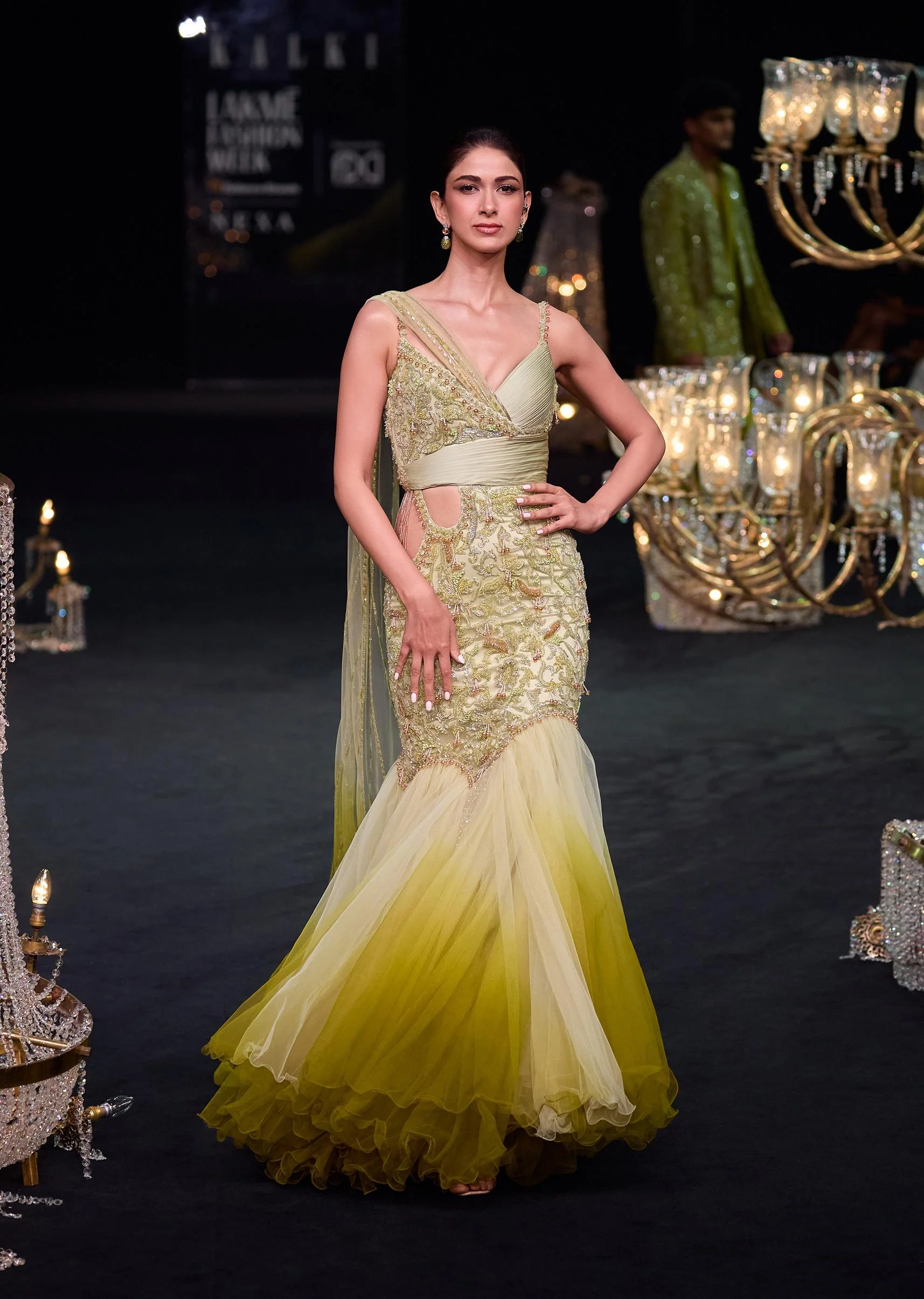 Citrus Green Ombre Fishcut Zardozi Gown Saree