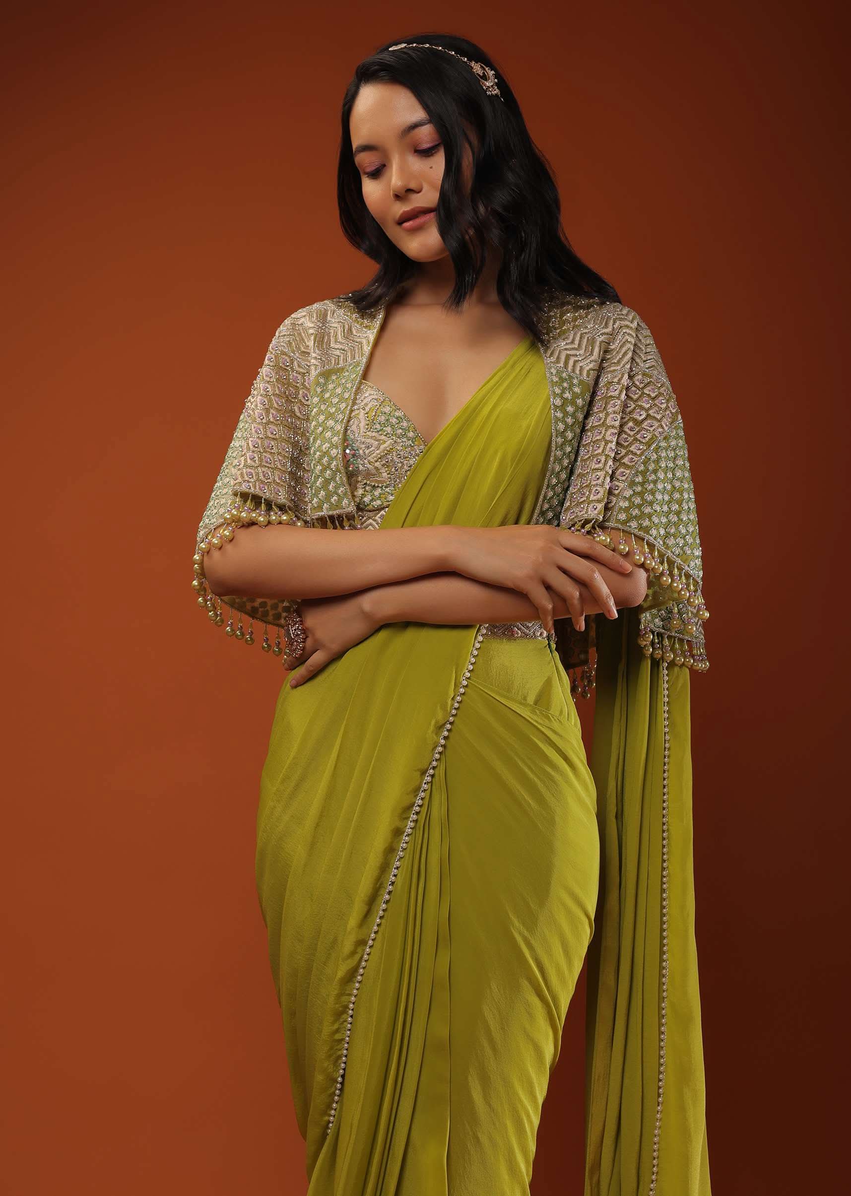 Citrus Green Pre Stitched Crepe Saree with Net Cape and V-Neck Crop Top - Image 4