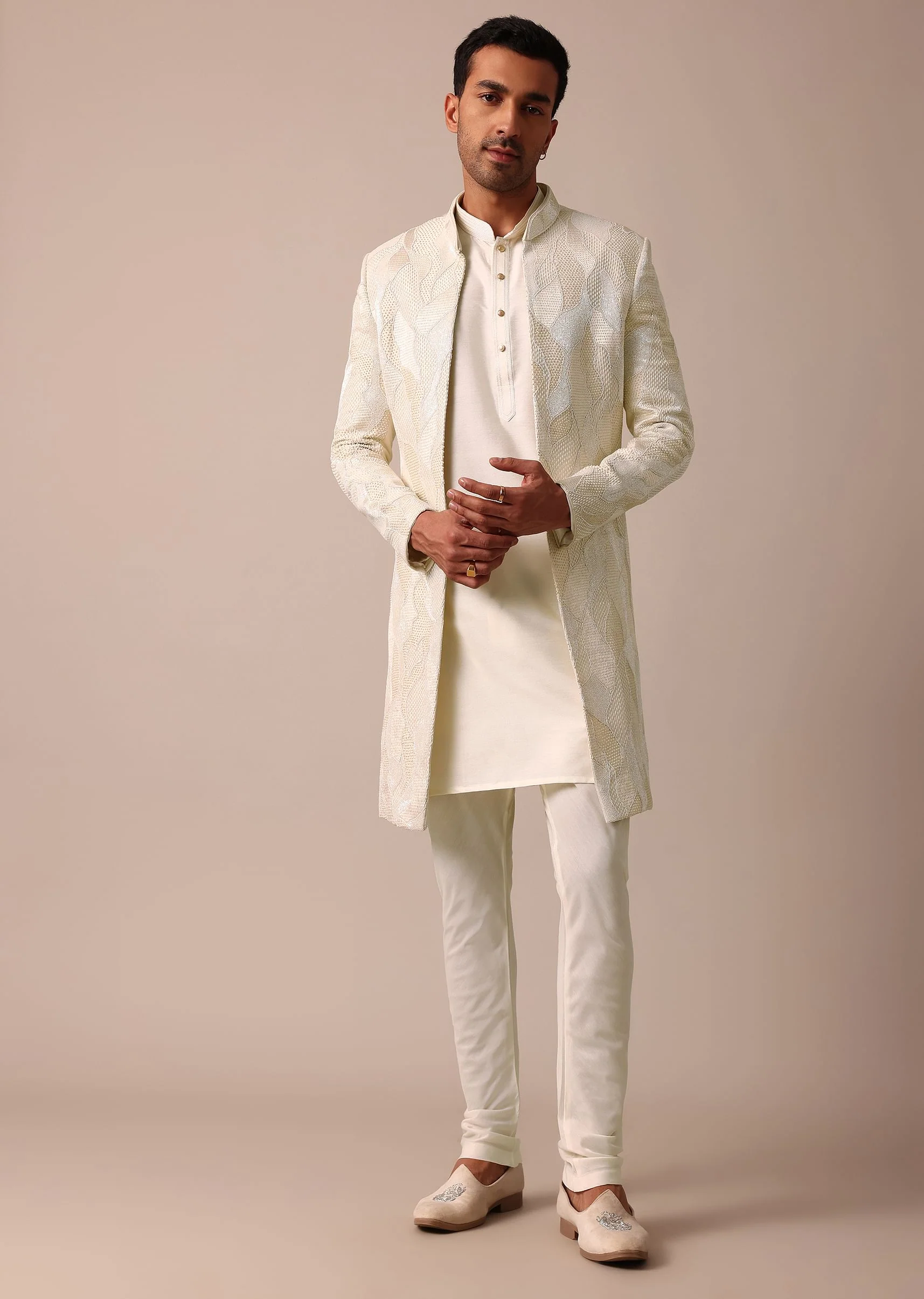 Classic Beige Banarasi Silk Sherwani Set - Image 2