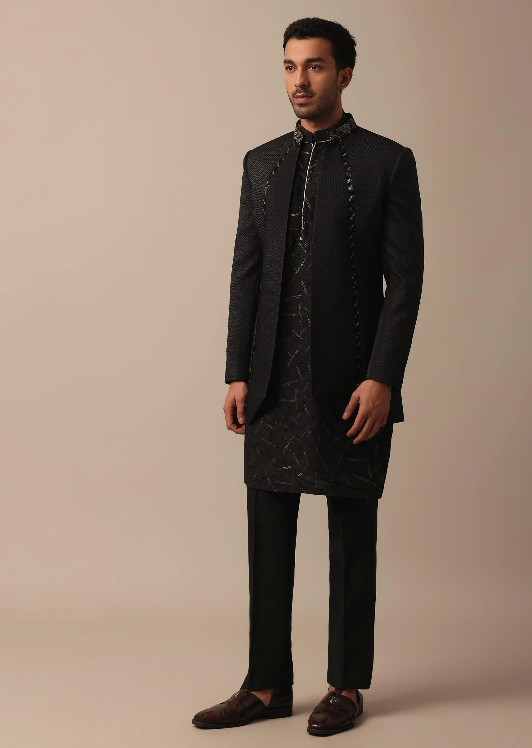 Classic Black Indowestern Featuring Exquisite Self Work For Men - Image 2