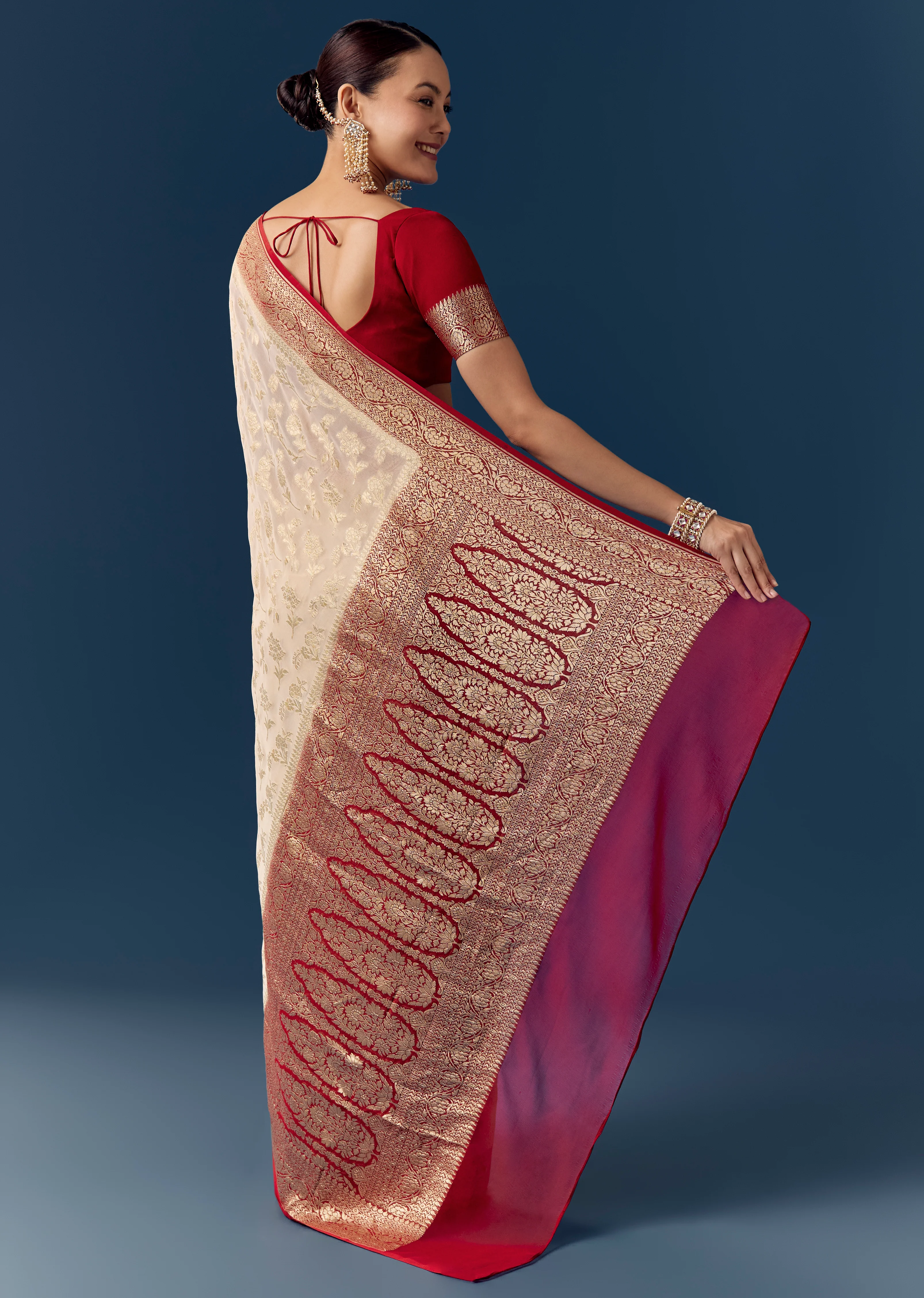 Classic Contrast Ceremony Couple Set – Off-White Khaddi Georgette Saree with Red Border for Her And Red Kurta Set for Him - Image 7