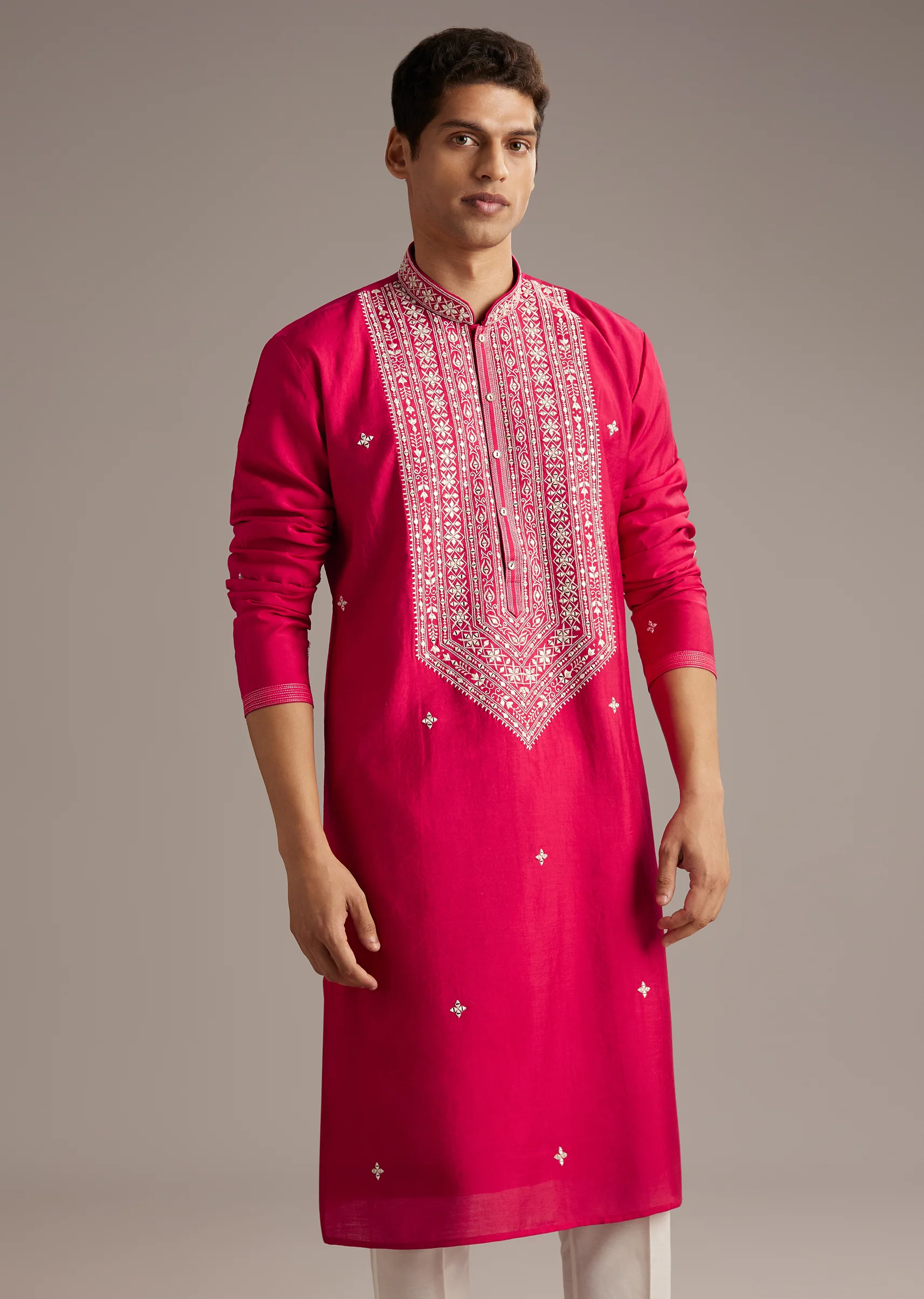 Classic Festive Couple Set – White Silk Palazzo Suit With Moti Zardosi Work For Her And Pink Silk Kurta Set With Mirror And Thread Work For Him - Image 8