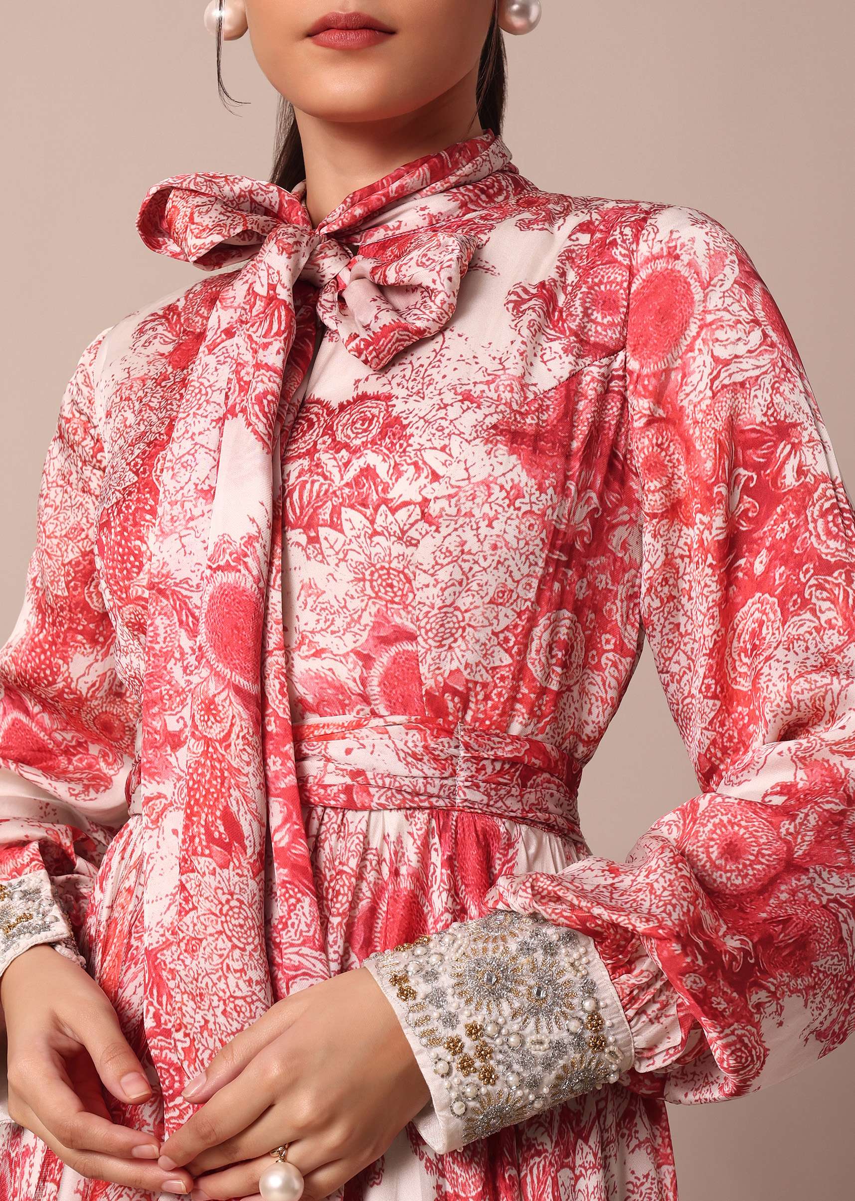 Classic Red Crepe Printed Gown With Embroidered Sleeves - Image 2
